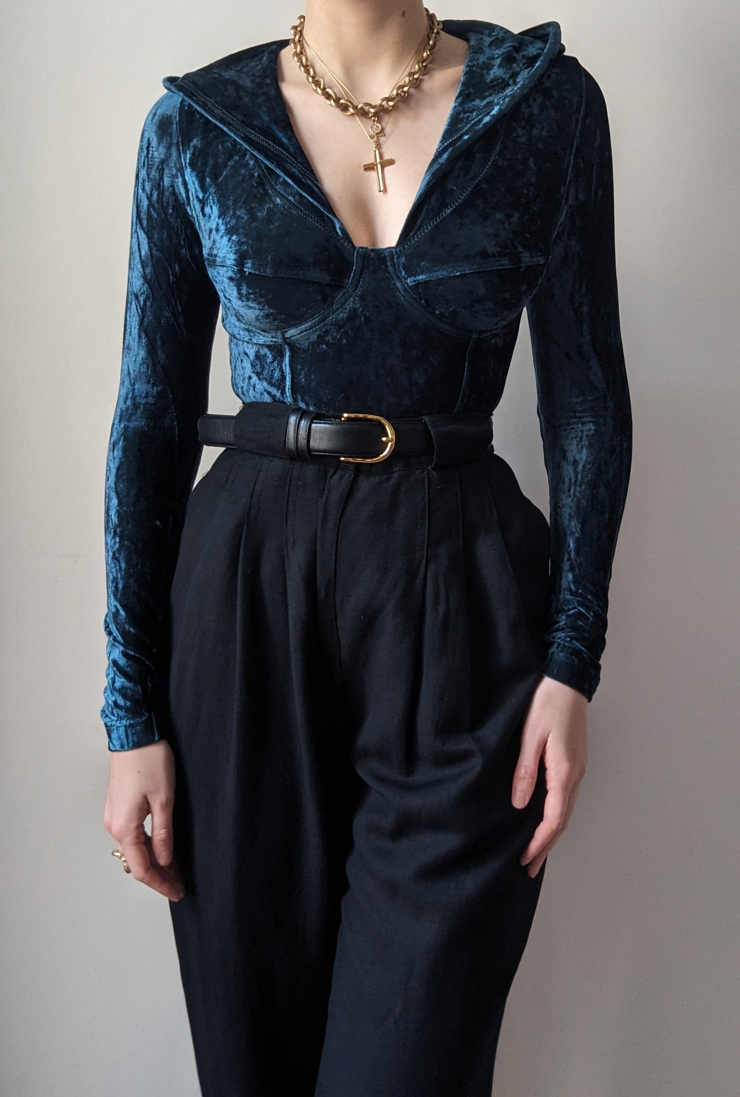 Anti-Flirt 90's blue velvet corset bodysuit with a hood