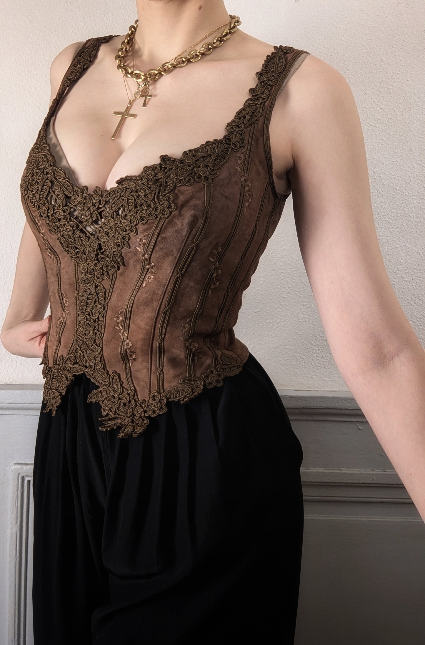 Vintage Ritmo di Perla brown suede embroidery fairycore bustier
