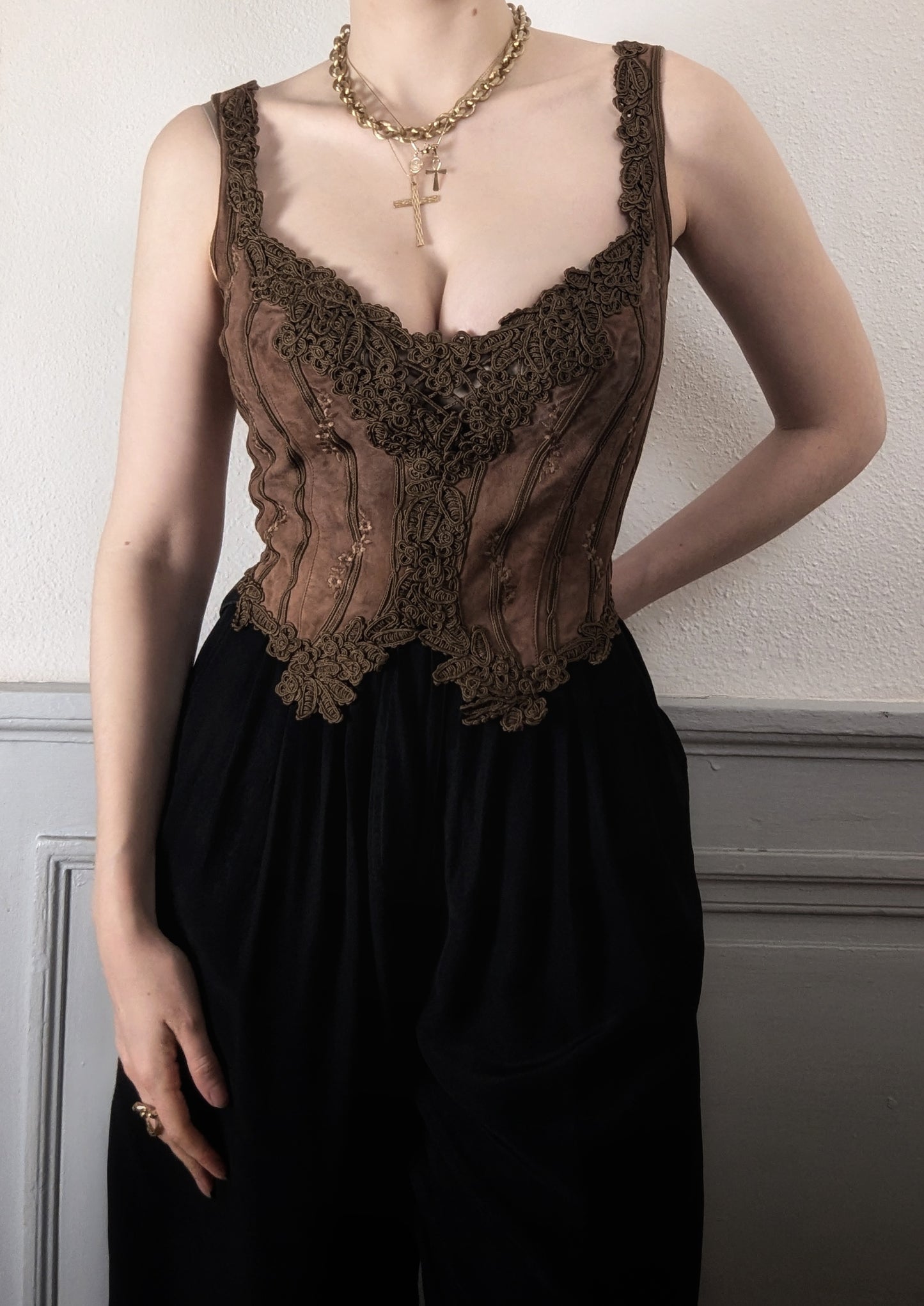 Vintage Ritmo di Perla brown suede embroidery fairycore bustier