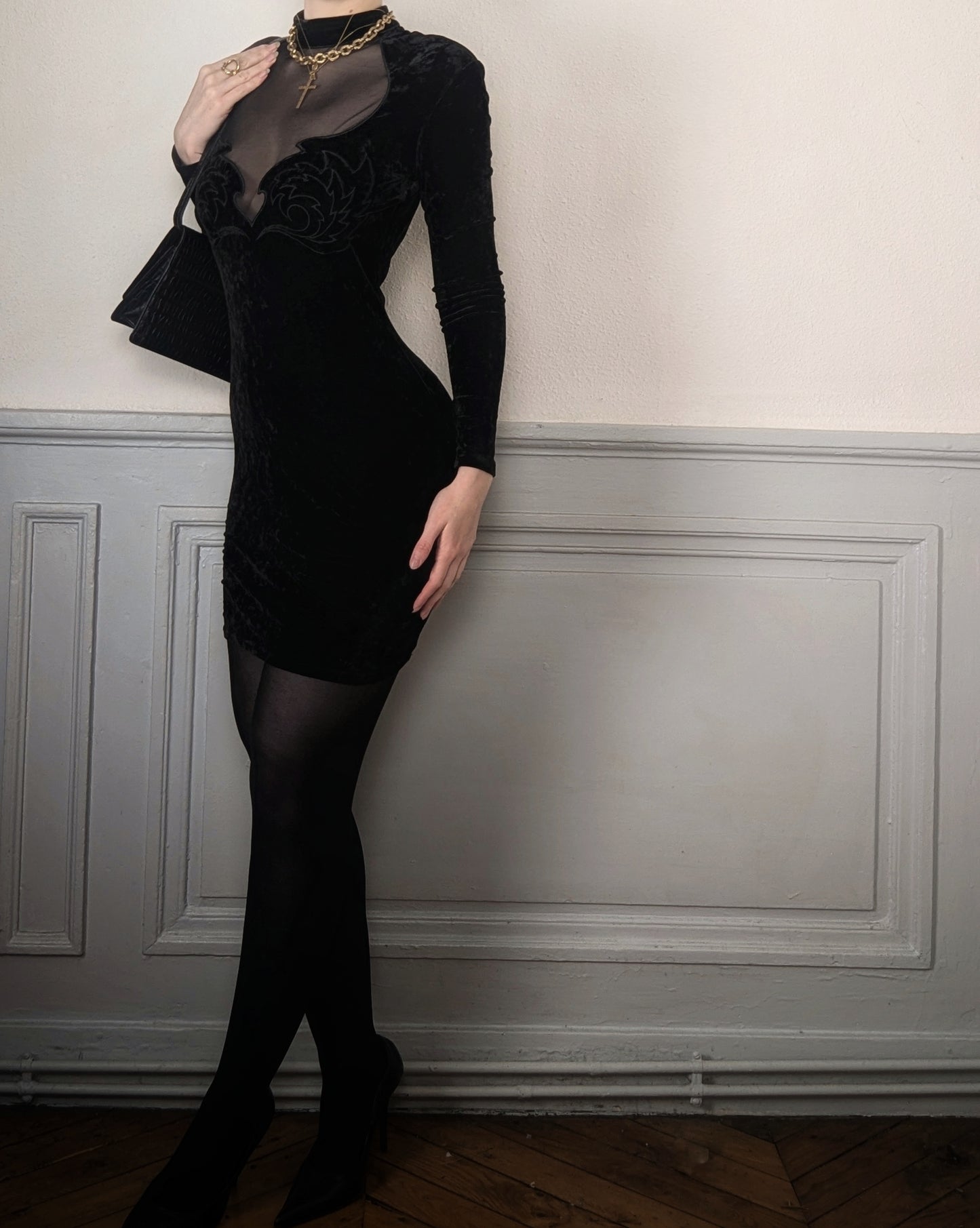Vintage 1990 black velvet gothic mini dress with sheer mesh sexy