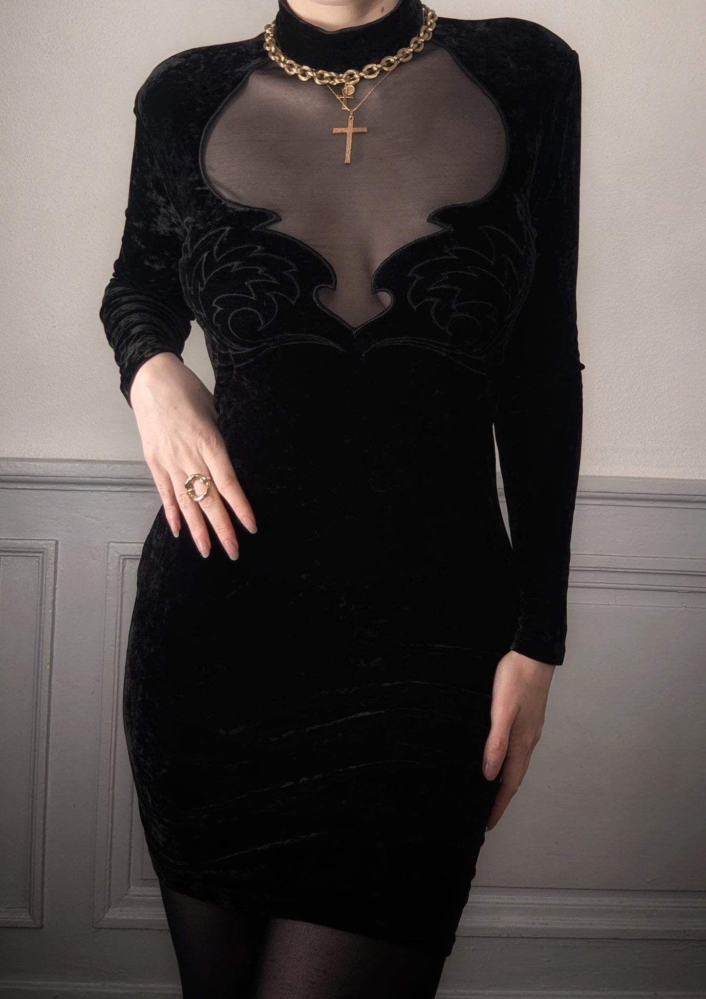 Vintage 1990 black velvet gothic mini dress with sheer mesh sexy