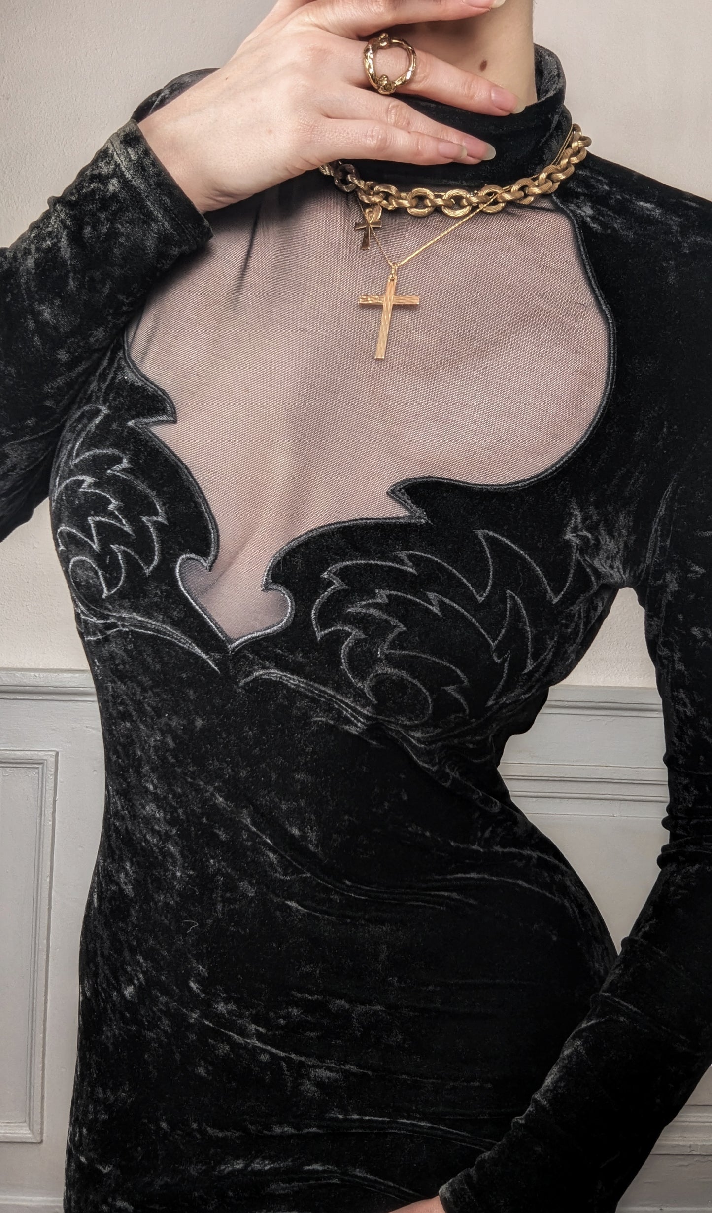 Vintage 1990 black velvet gothic mini dress with sheer mesh sexy