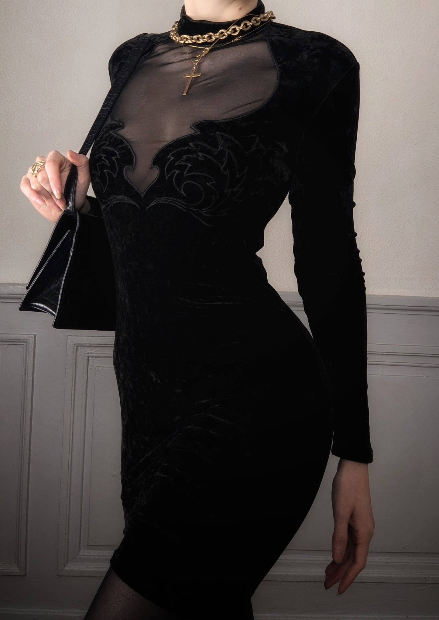 Vintage 1990 black velvet gothic mini dress with sheer mesh sexy