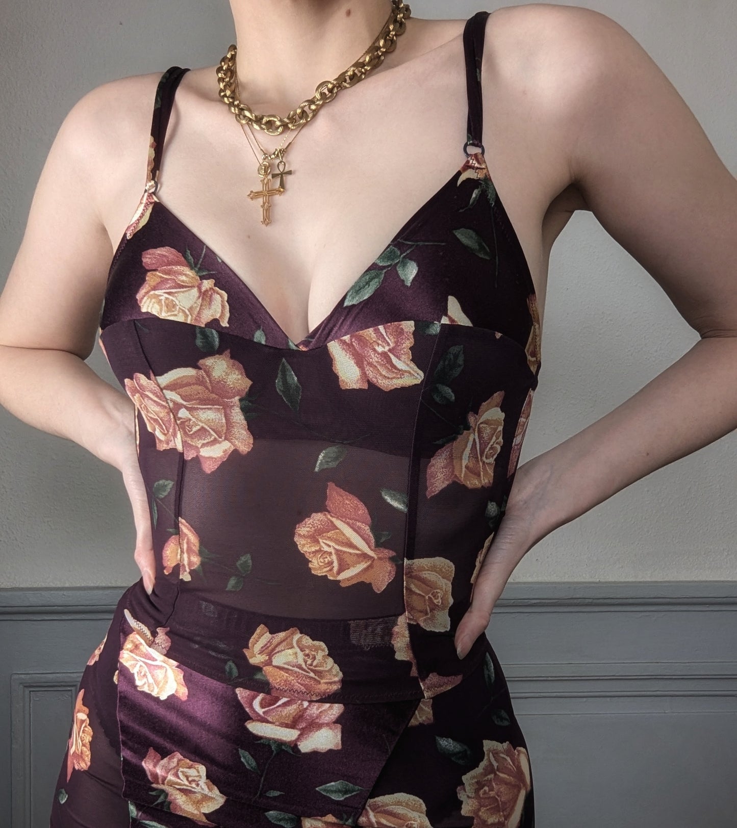 Vintage 90's Malizia by La Perla roses print mesh aesthetic bustier