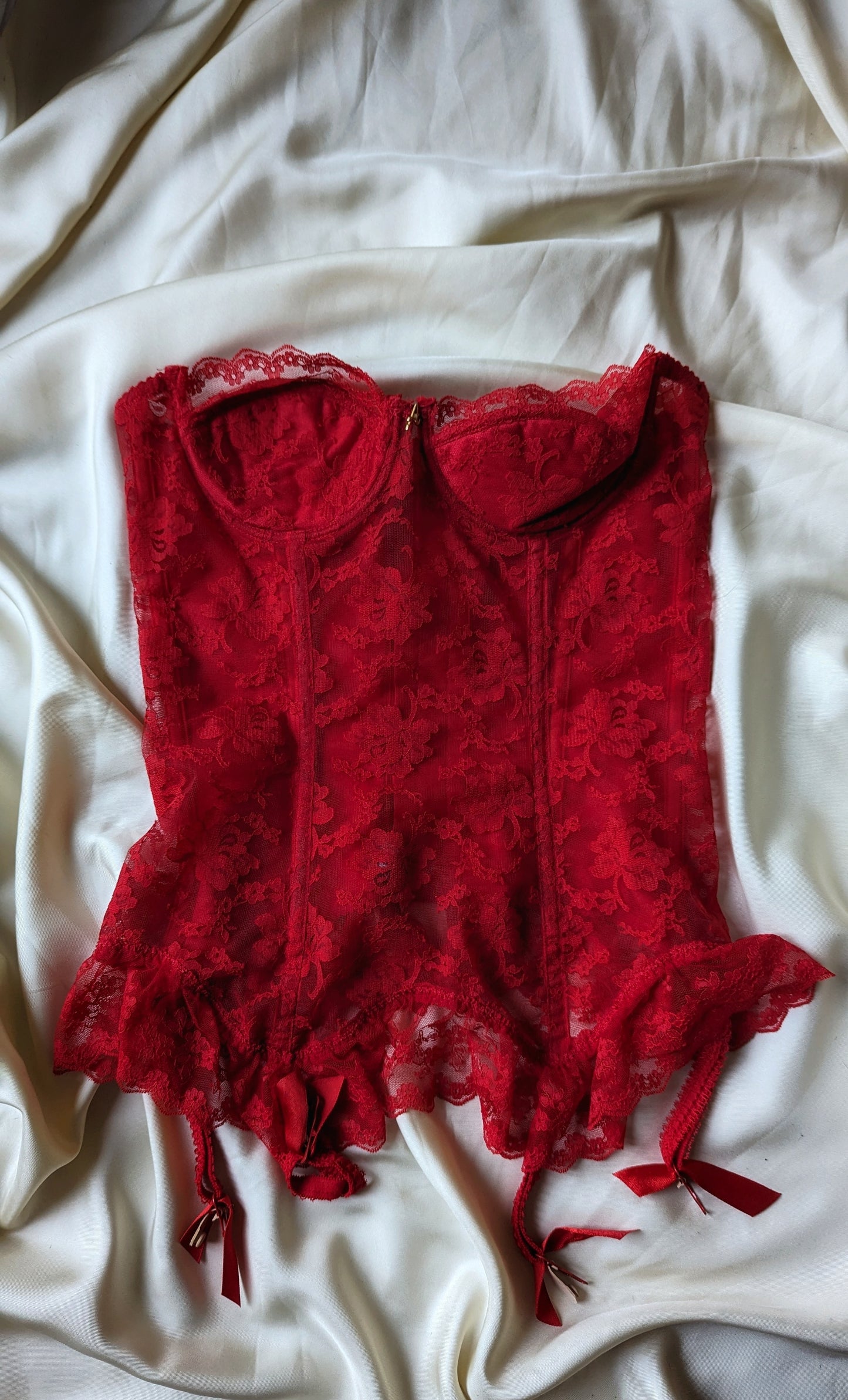 Vintage 1990 Antinéa Paris hot red lace sheer basque corset