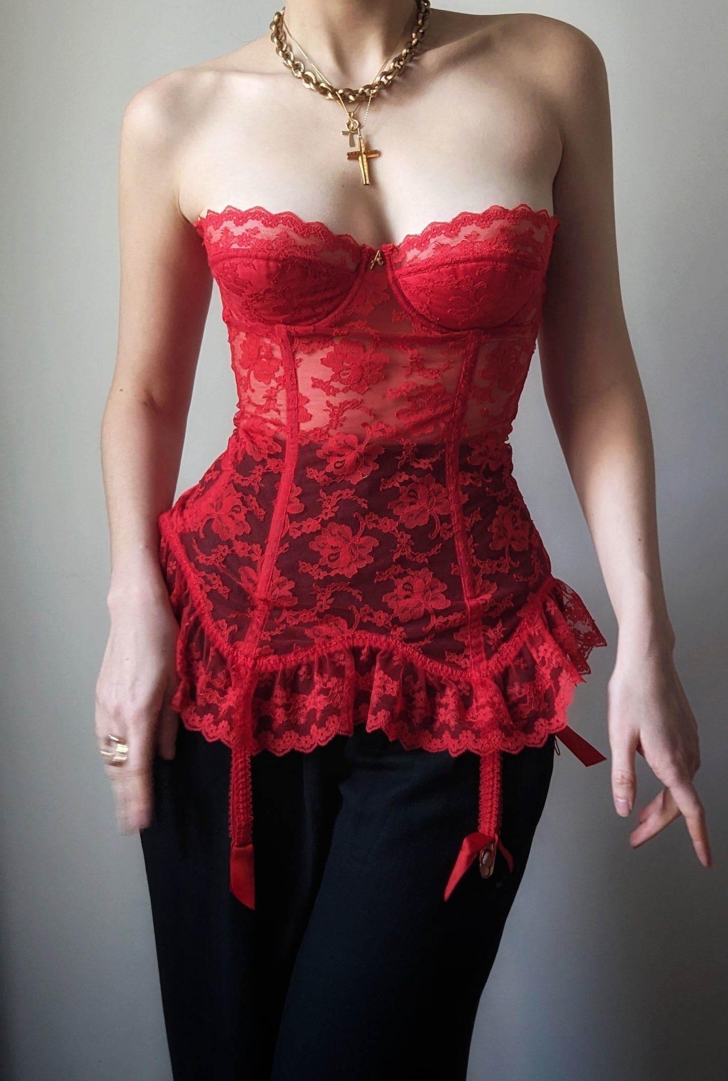 Vintage 1990 Antinéa Paris hot red lace sheer basque corset