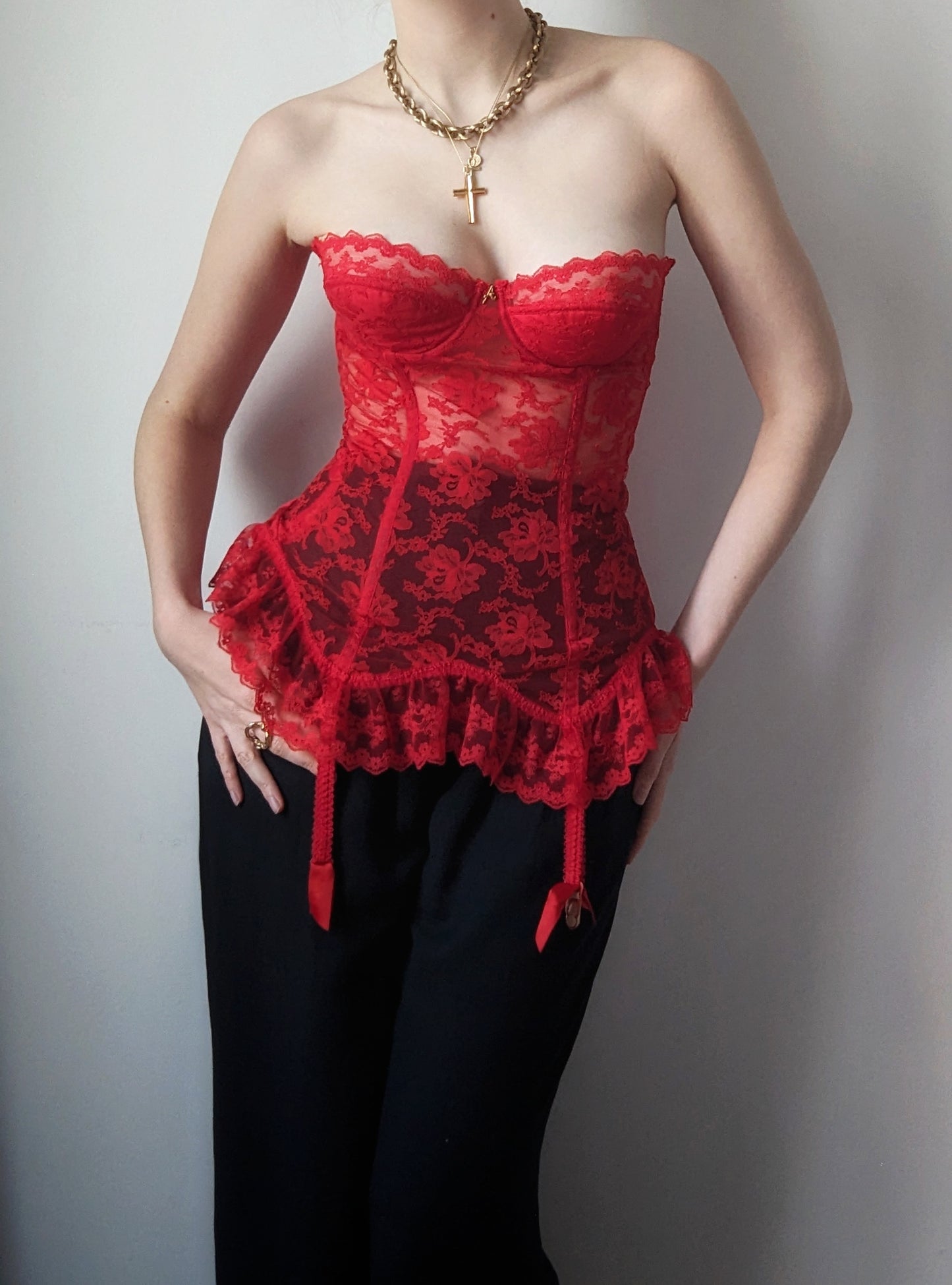 Vintage 1990 Antinéa Paris hot red lace sheer basque corset