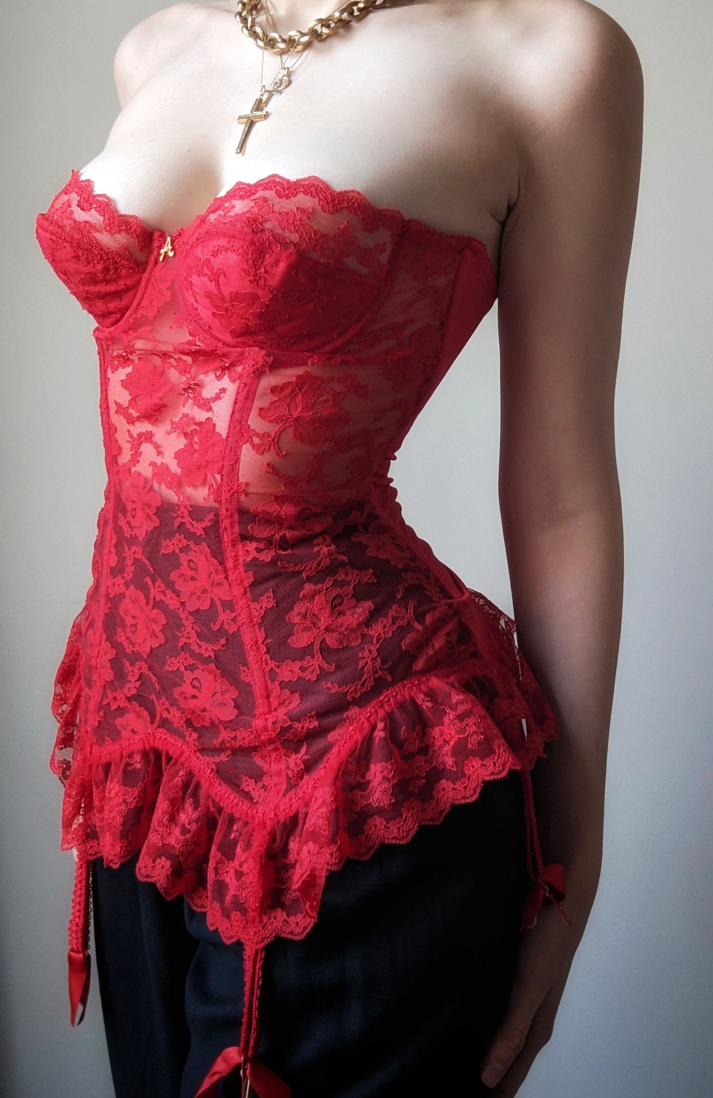 Vintage 1990 Antinéa Paris hot red lace sheer basque corset