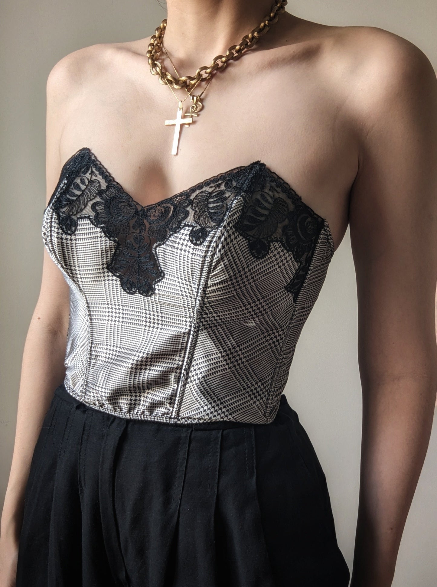 Vintage 1990 Gemma Paris houndstooth with black lace bustier