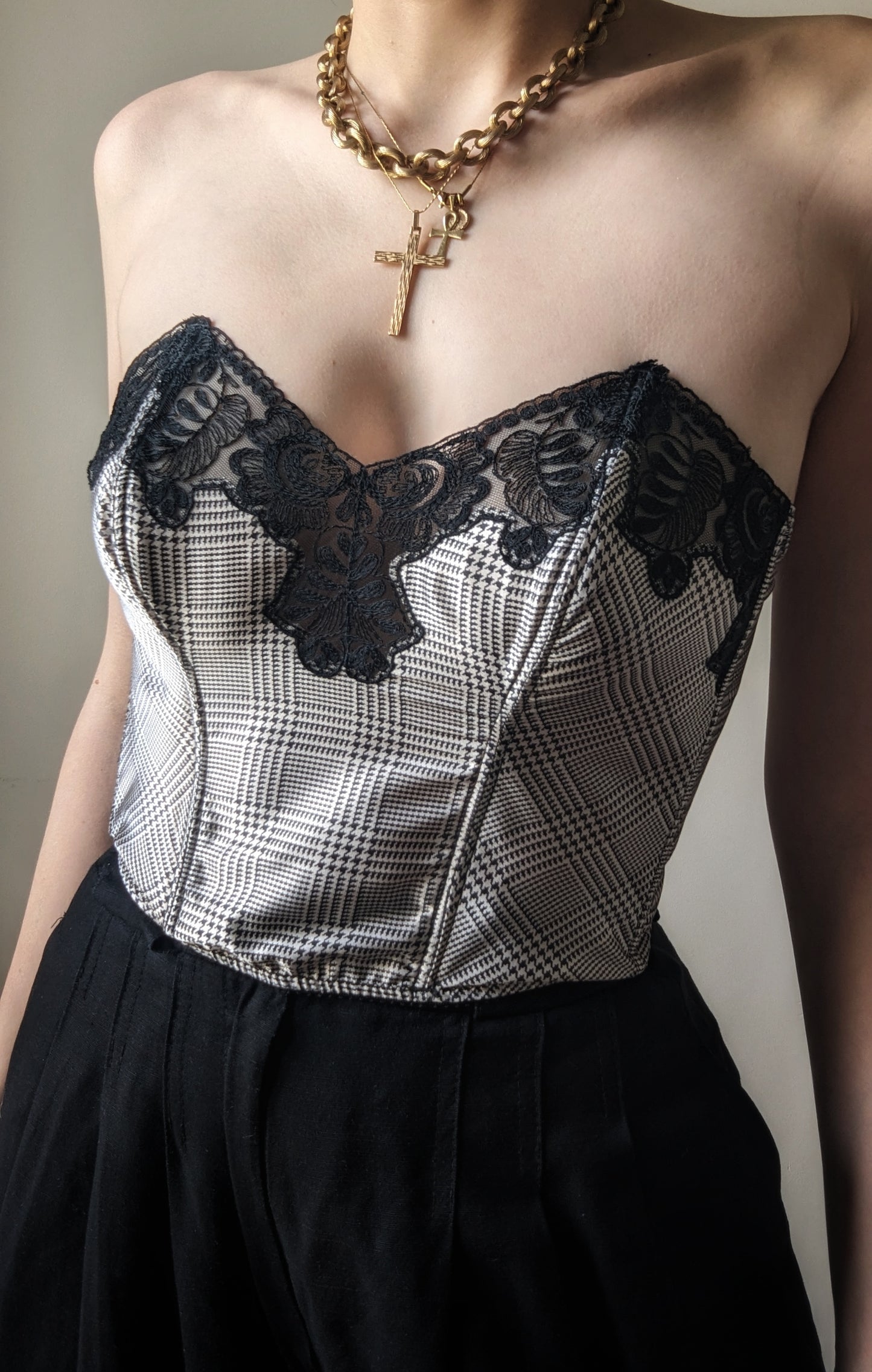 Vintage 1990 Gemma Paris houndstooth with black lace bustier