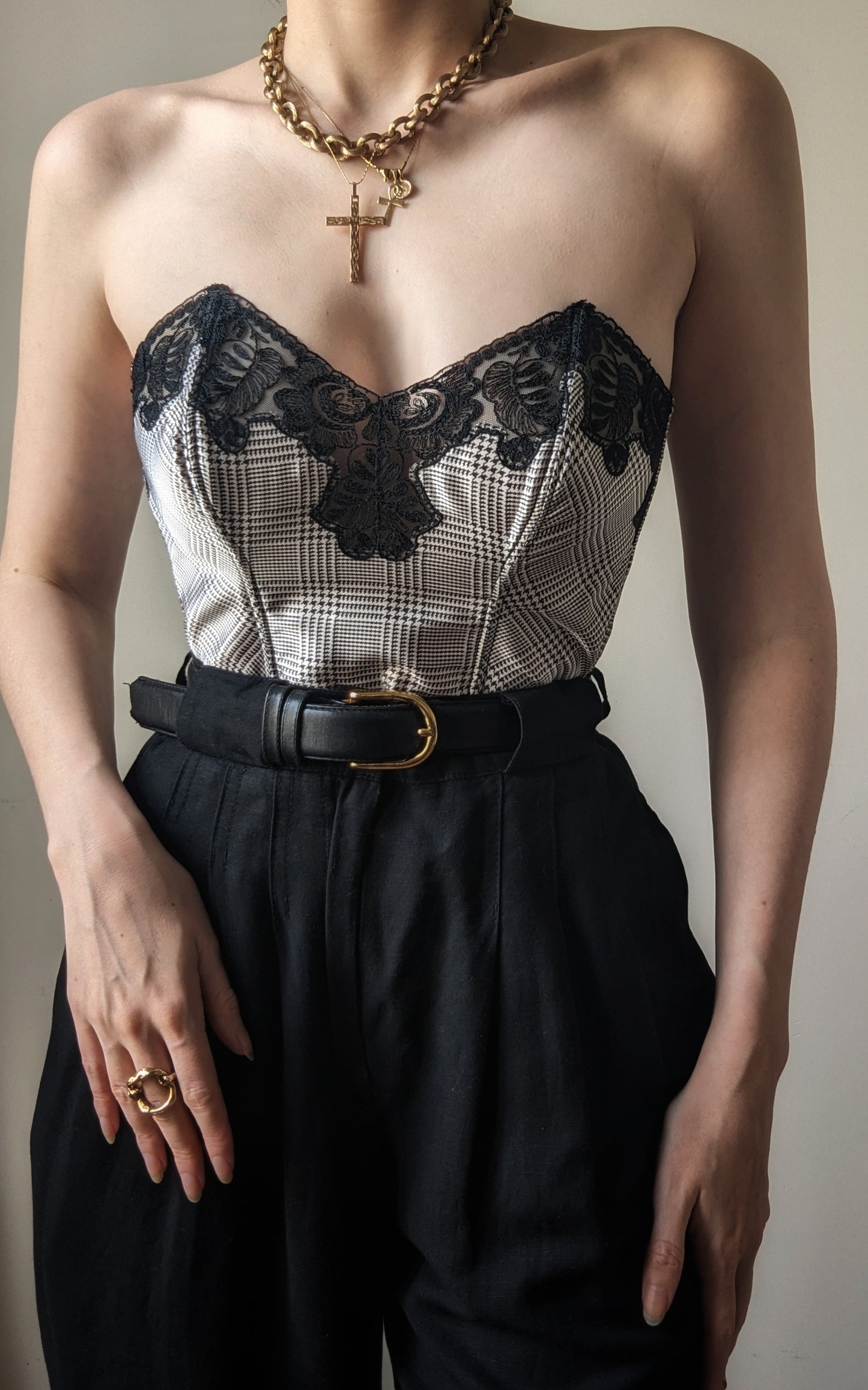 Vintage 1990 Gemma Paris houndstooth with black lace bustier