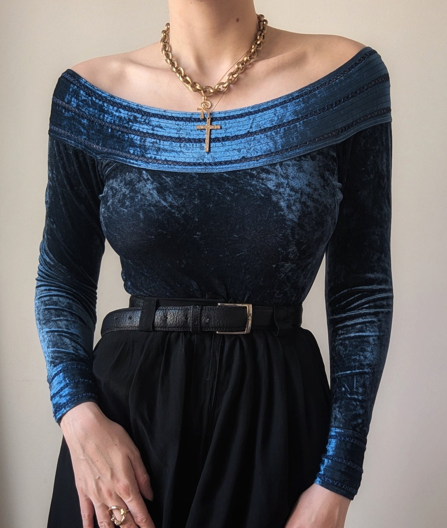 Vintage Etincelle Paris velvet blue bodysuit 90's embroidery