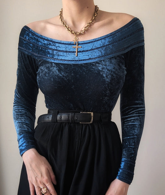 Vintage Etincelle Paris velvet blue bodysuit 90's embroidery