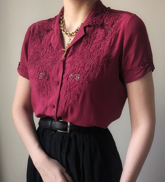 Vintage 1990 fushia chinese silk blouse with floral embroidery