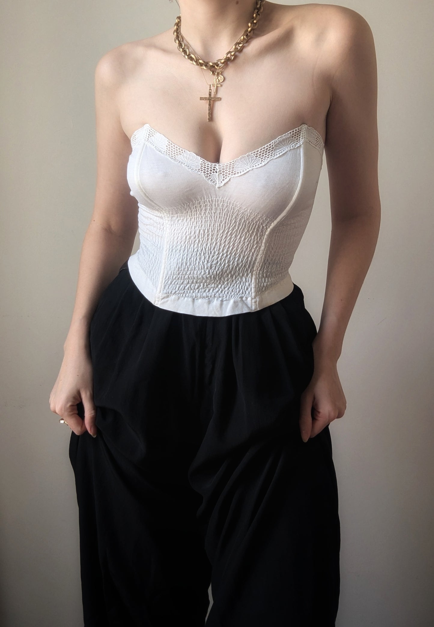 Vintage smocked cotton white summer bustier 1980 Exilia