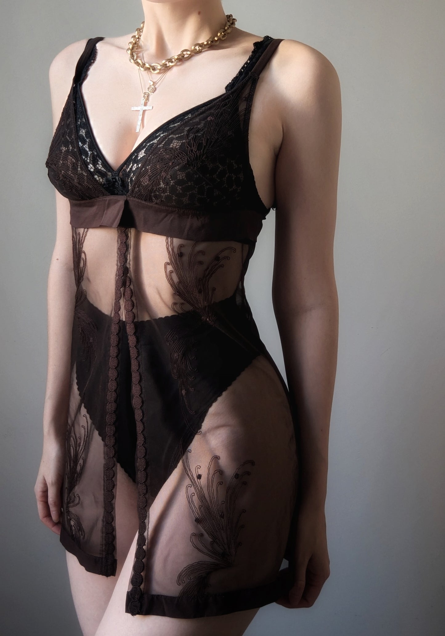 La Perla Y2K sheer embroidery brown babydoll S