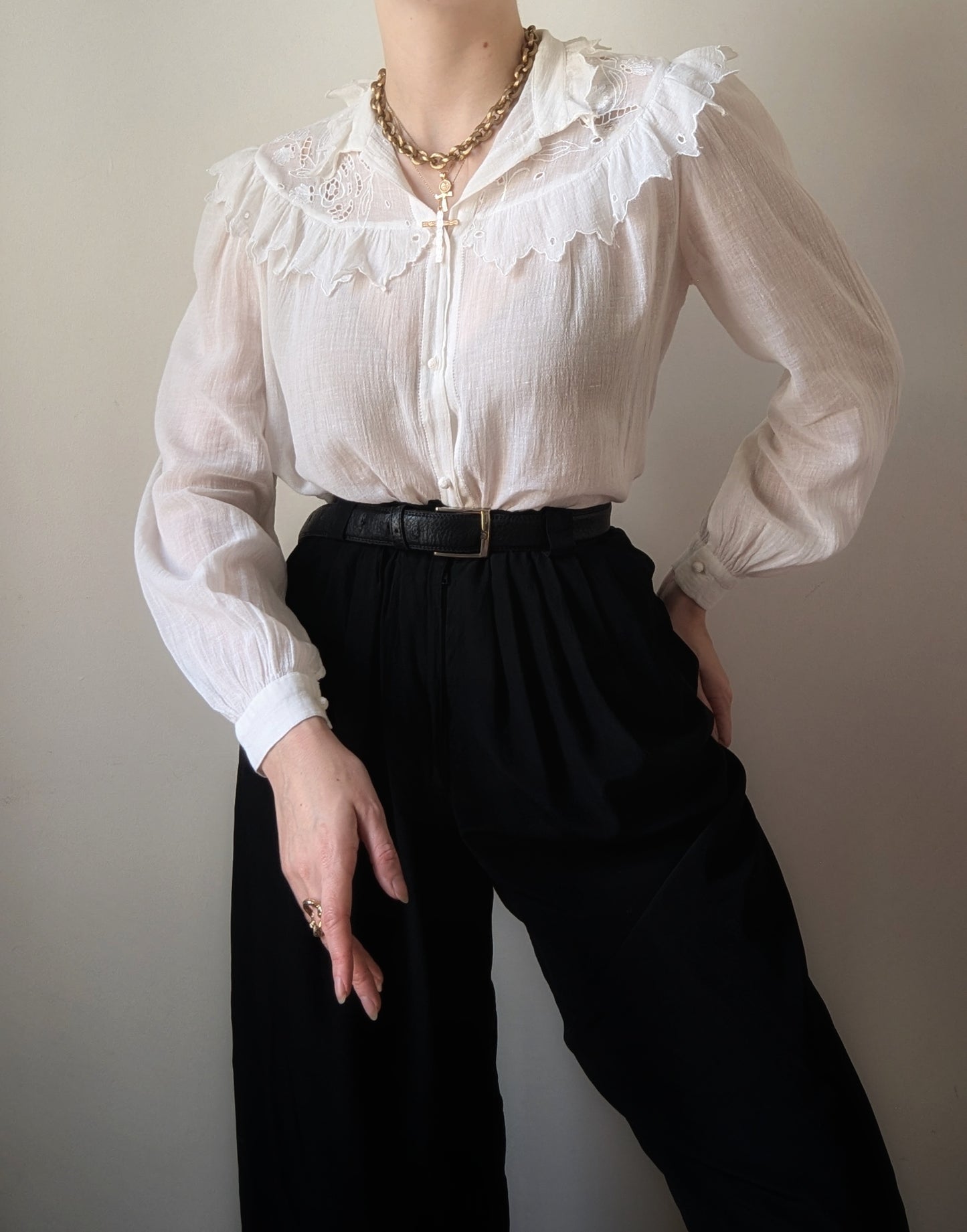 Vintage 1970 Emmanuelle Khanh white embroidery romantic blouse