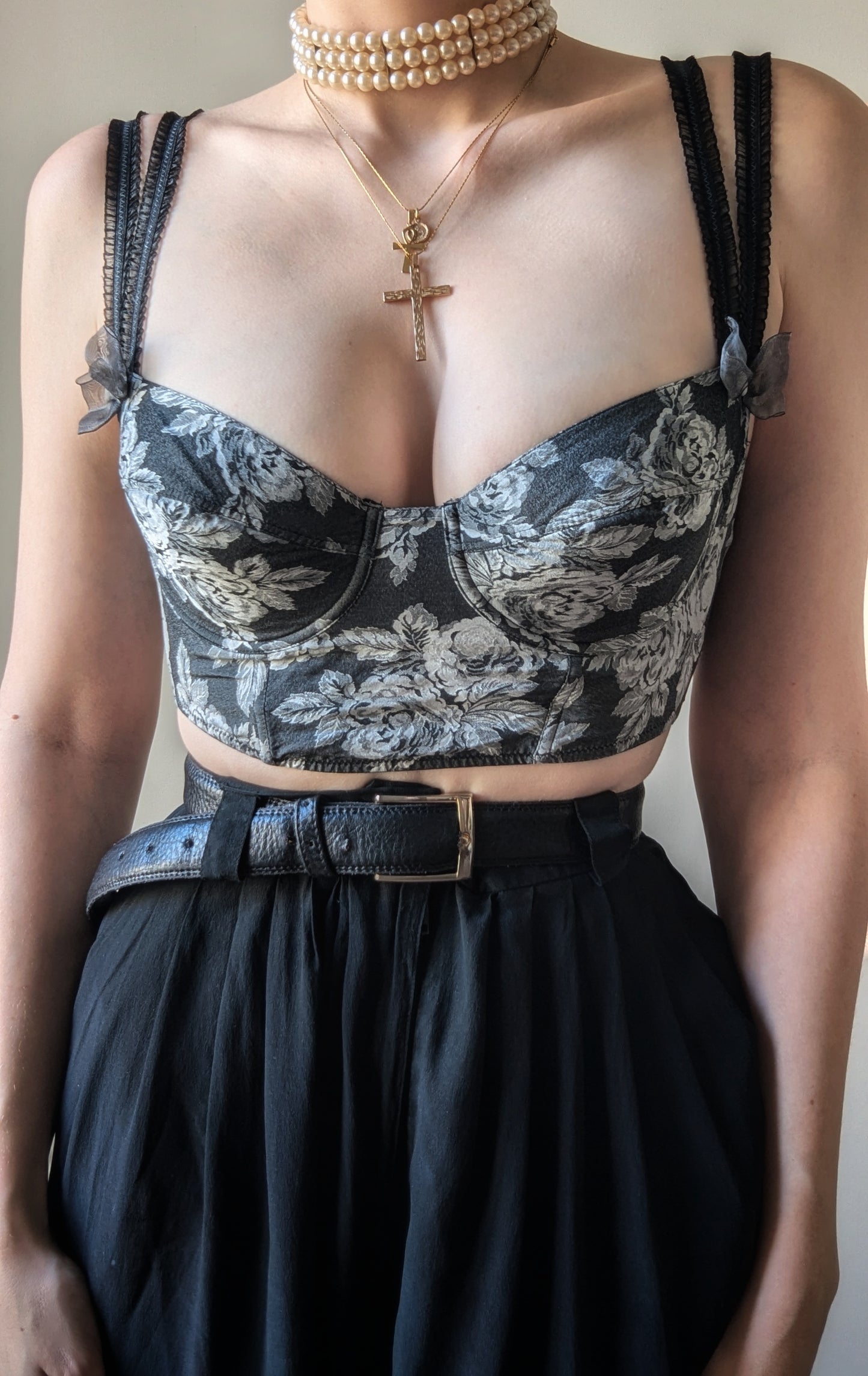 Vintage Chantal Thomass 1990 silk grey flowers nostalgic bustier