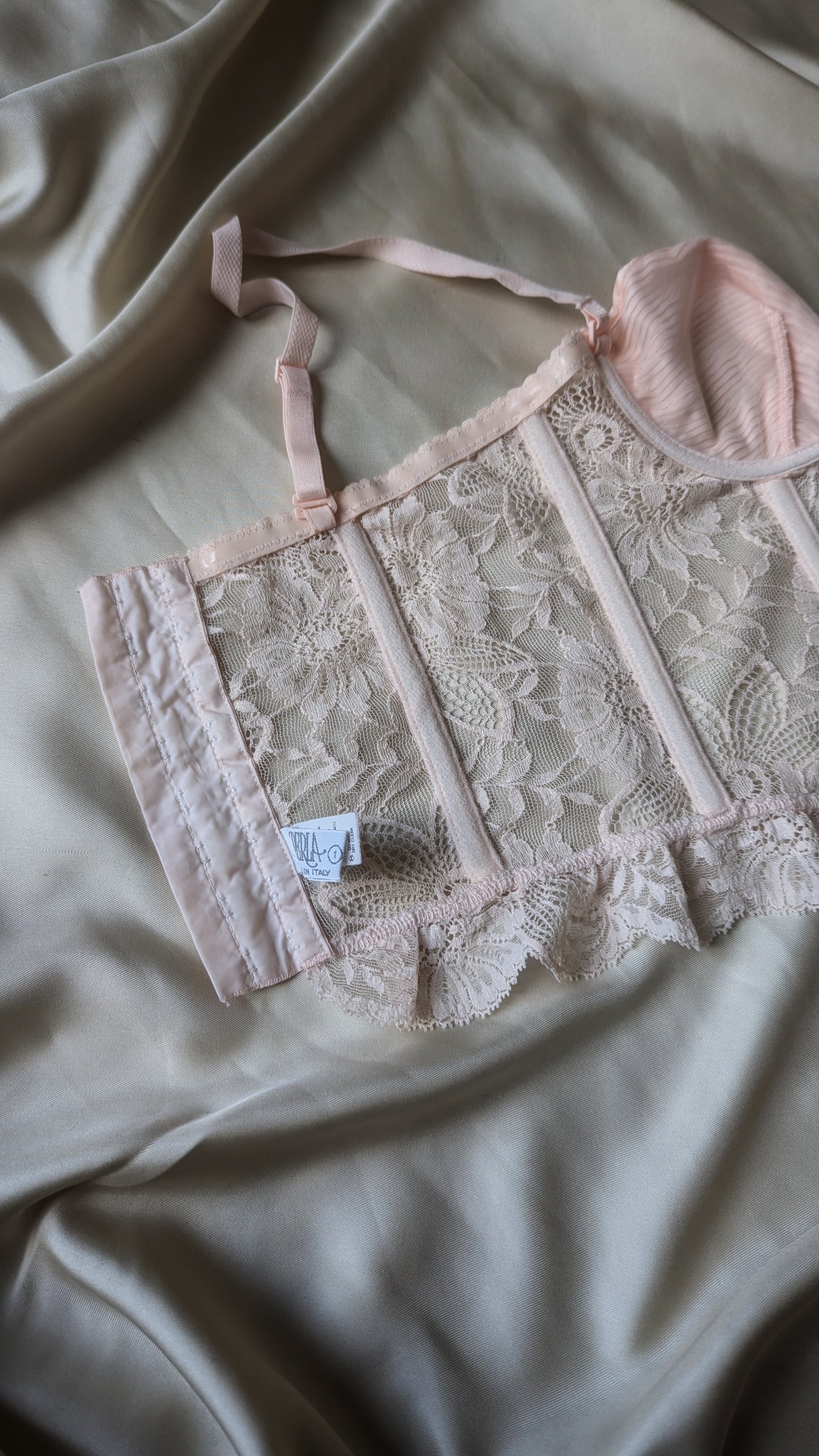 La Perla 1991 vintage baby pink pleated satin and lace sheer bustier