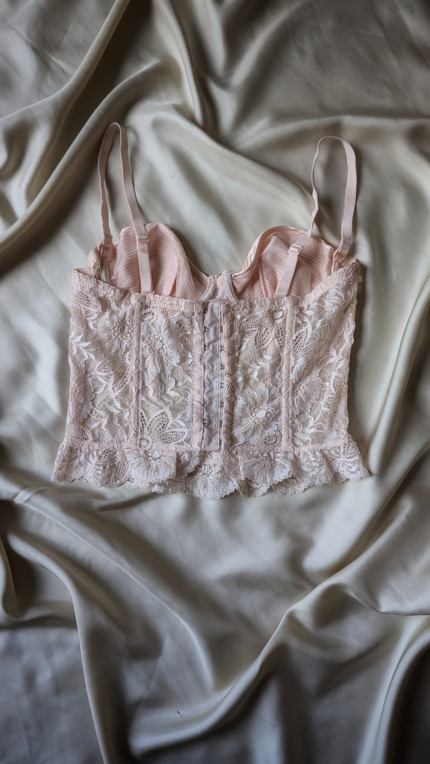 La Perla 1991 vintage baby pink pleated satin and lace sheer bustier