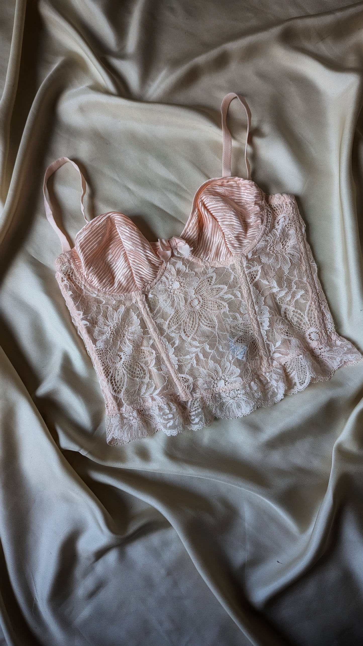 La Perla 1991 vintage baby pink pleated satin and lace sheer bustier