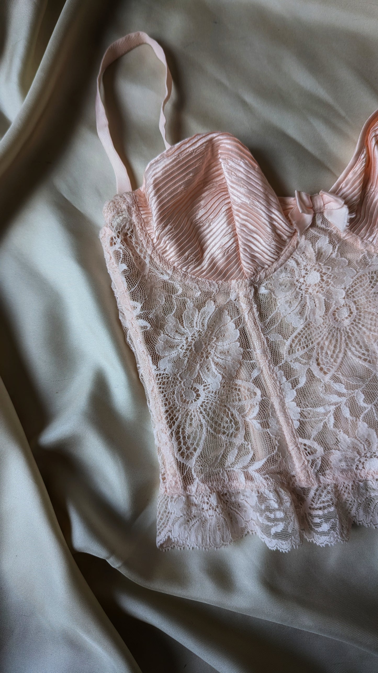 La Perla 1991 vintage baby pink pleated satin and lace sheer bustier