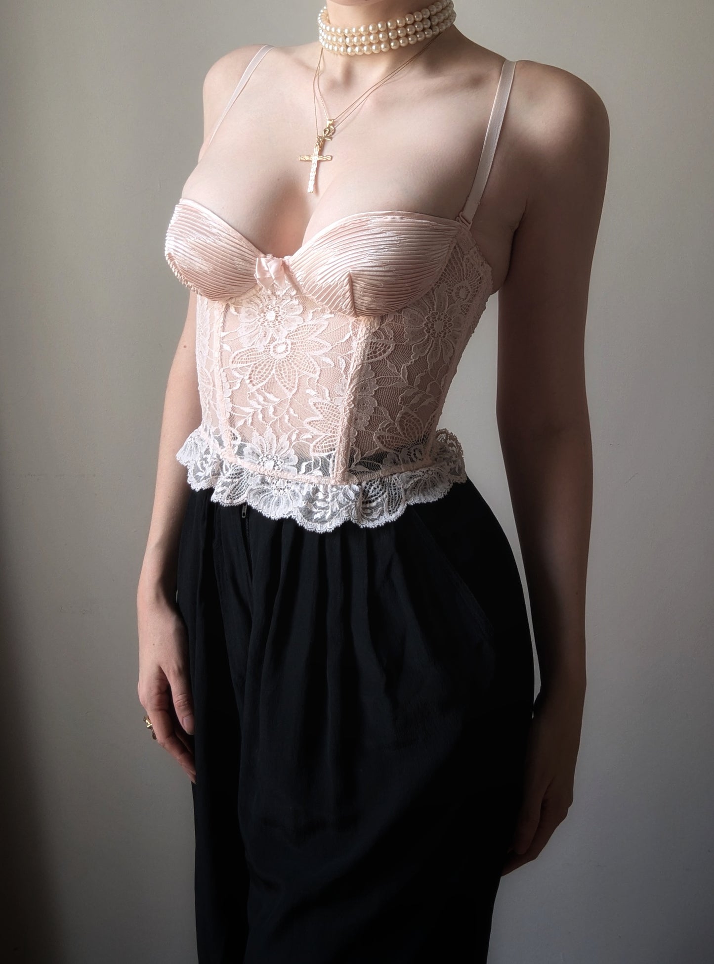 La Perla 1991 vintage baby pink pleated satin and lace sheer bustier