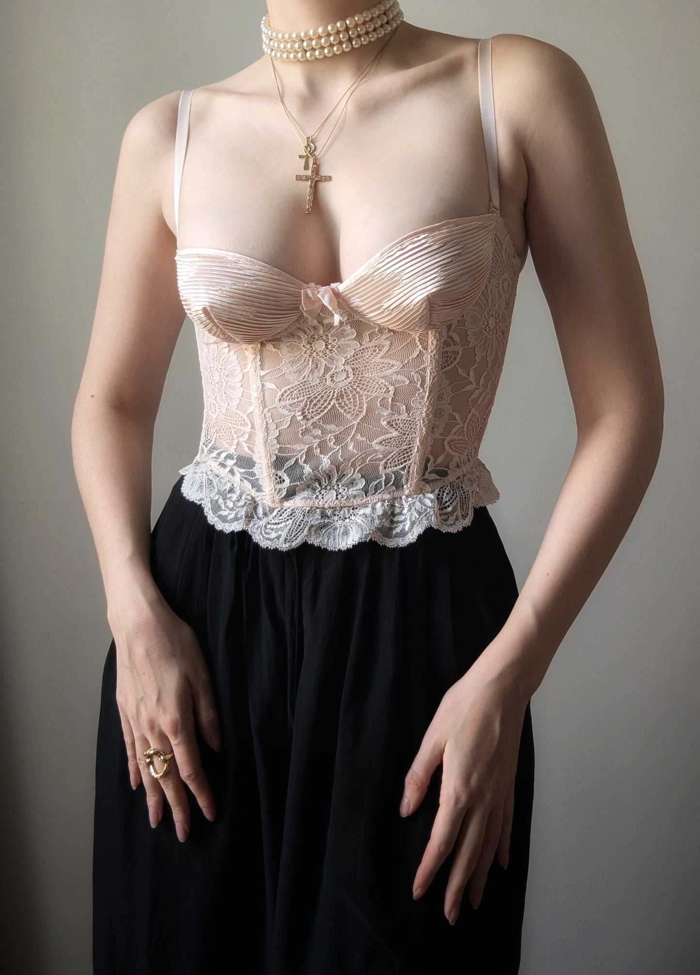 La Perla 1991 vintage baby pink pleated satin and lace sheer bustier