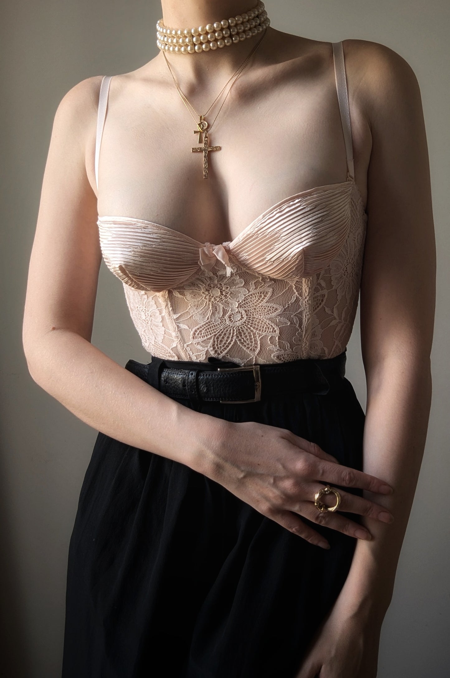 La Perla 1991 vintage baby pink pleated satin and lace sheer bustier