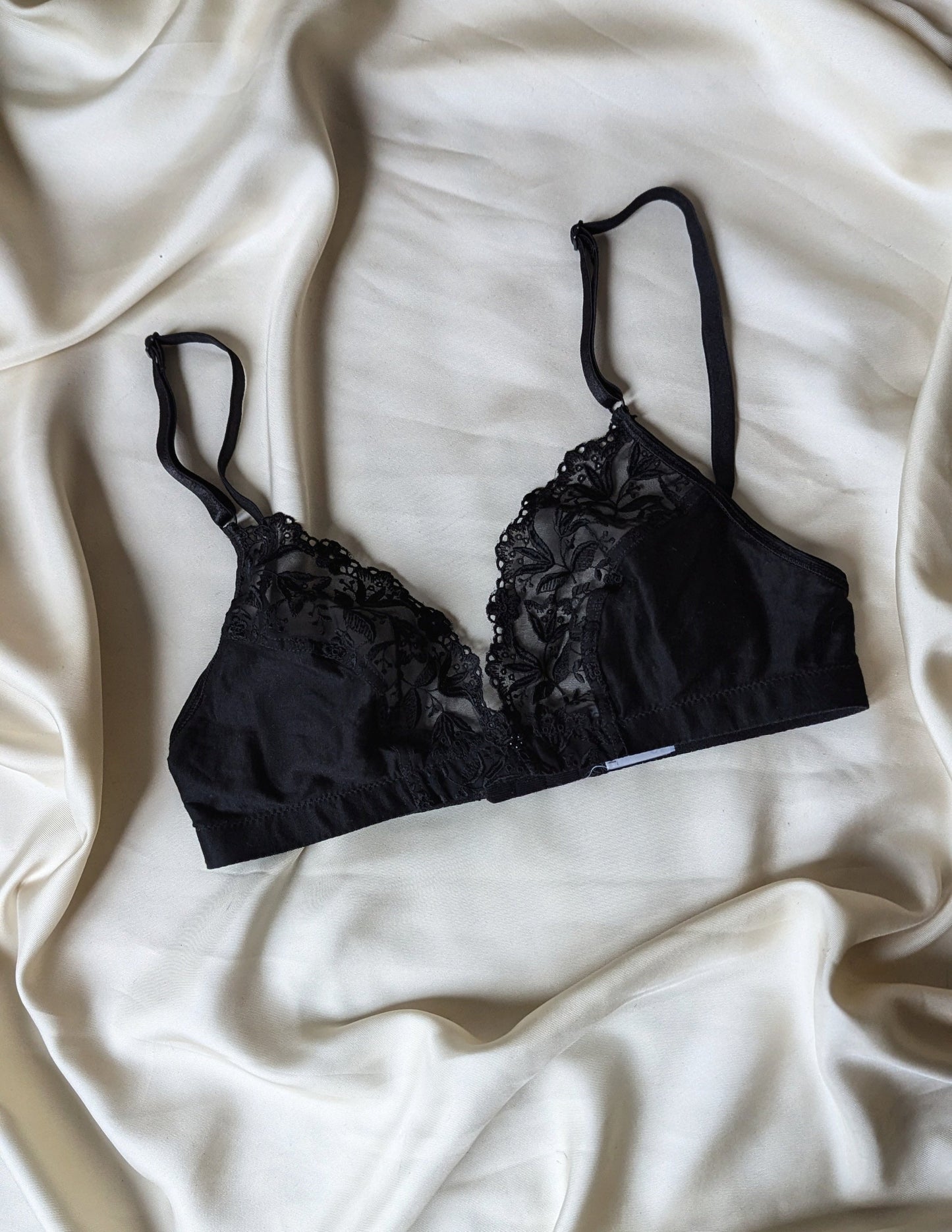 Vintage Hanro pure black cotton bralette with transparent lace