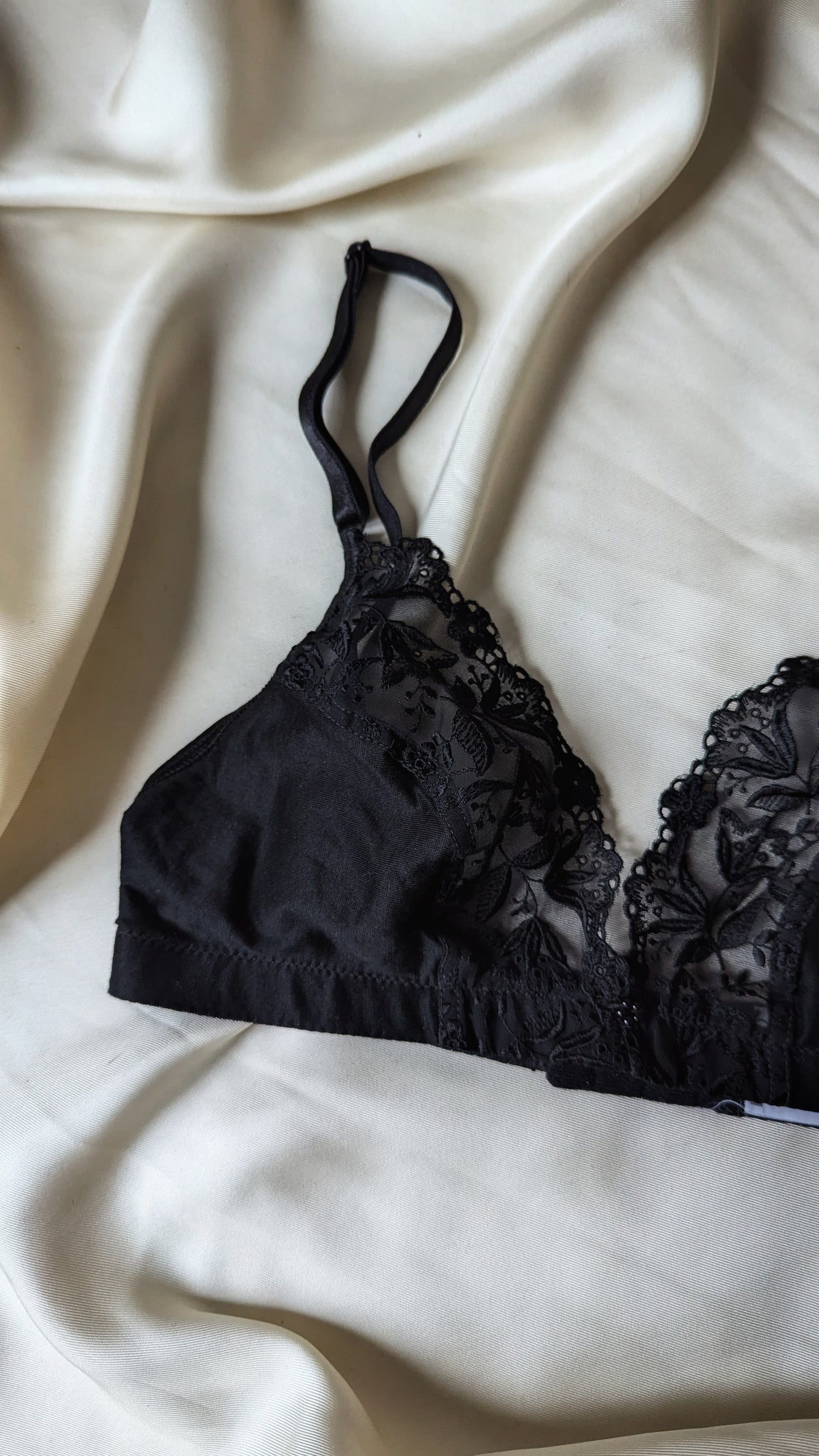 Vintage Hanro pure black cotton bralette with transparent lace