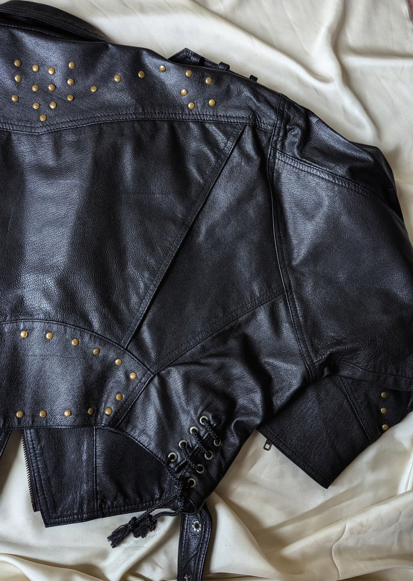 Vintage 1980 iocnic leather biker jacket with gold hardware