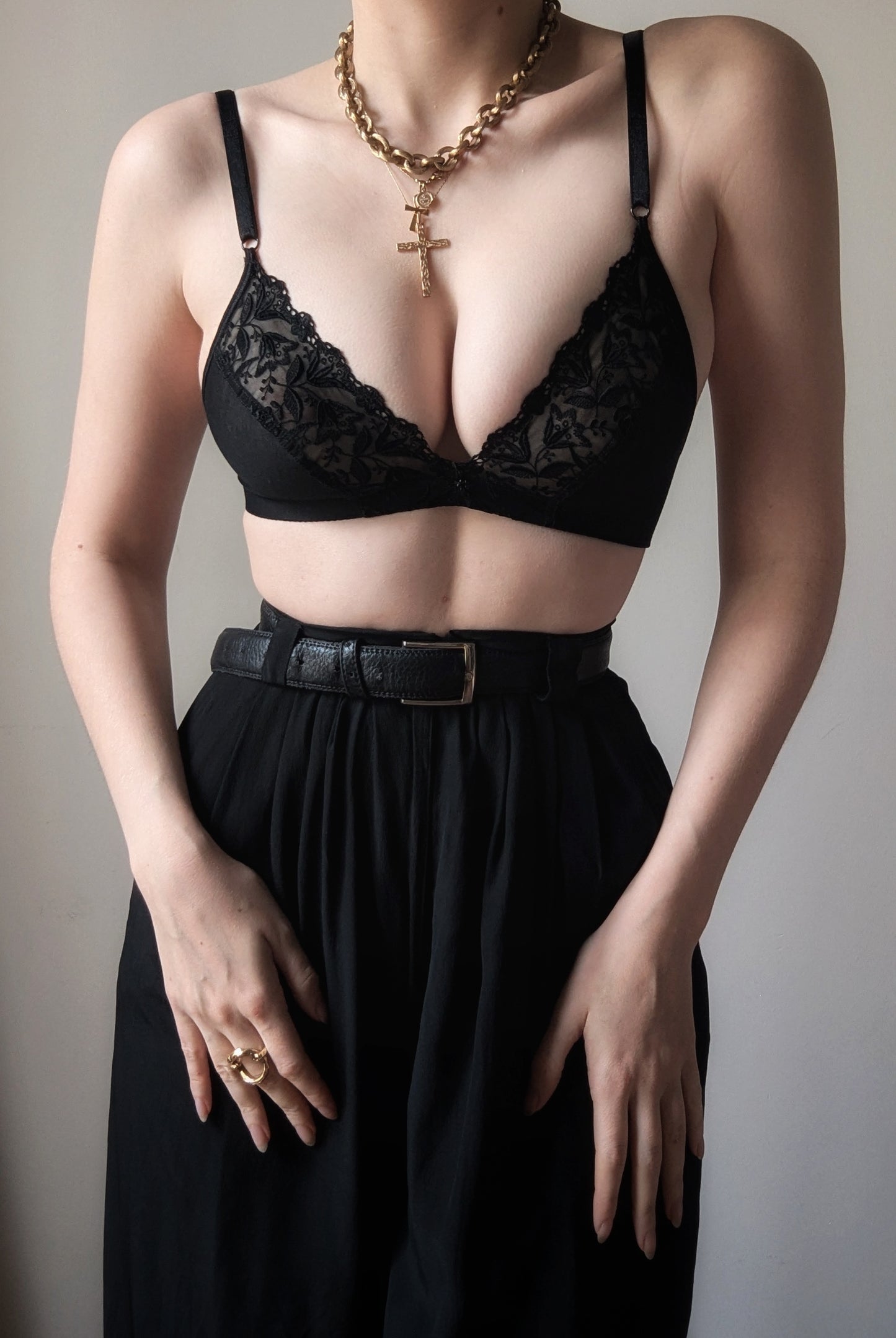 Vintage Hanro pure black cotton bralette with transparent lace