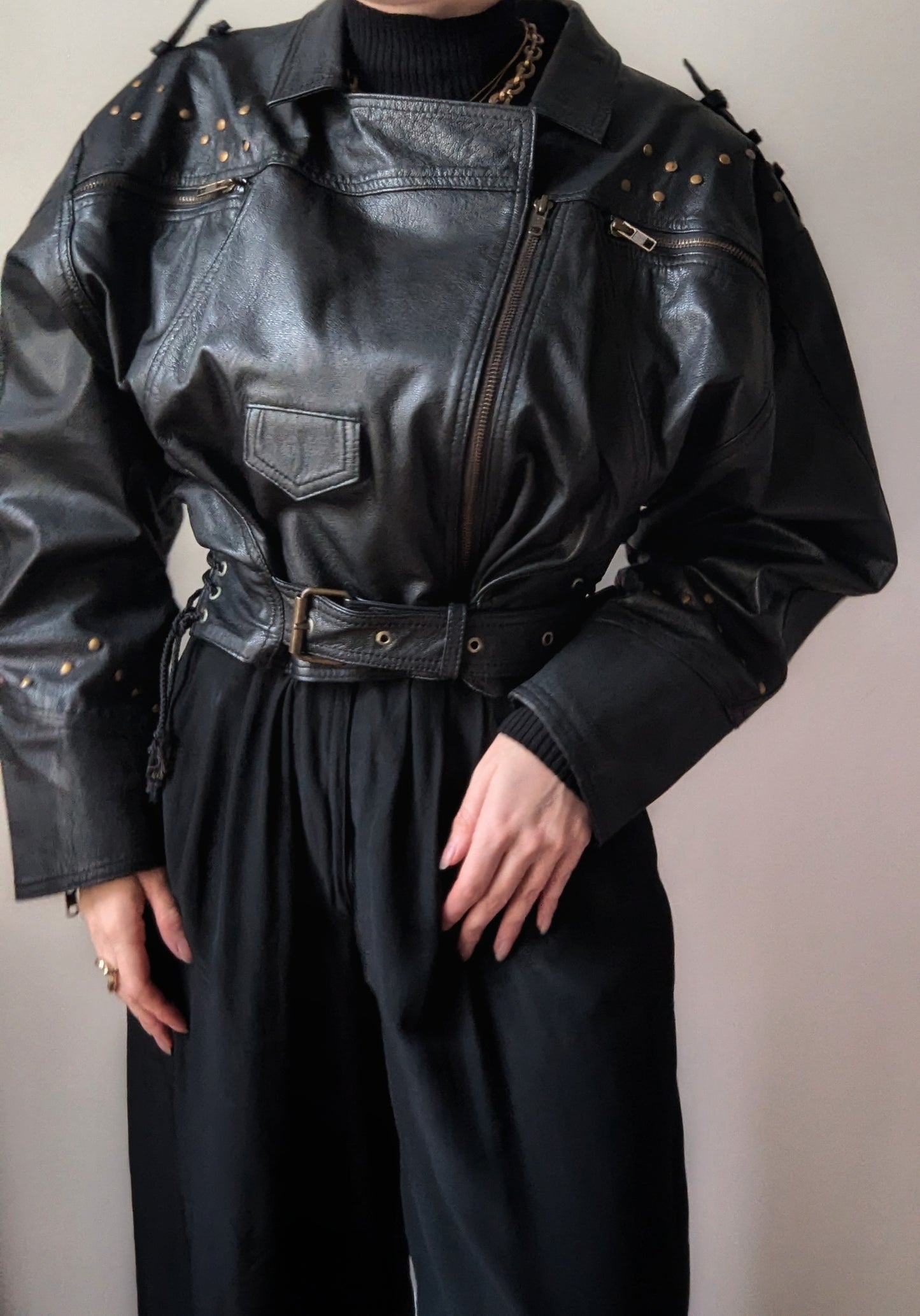 Vintage 1980 iocnic leather biker jacket with gold hardware