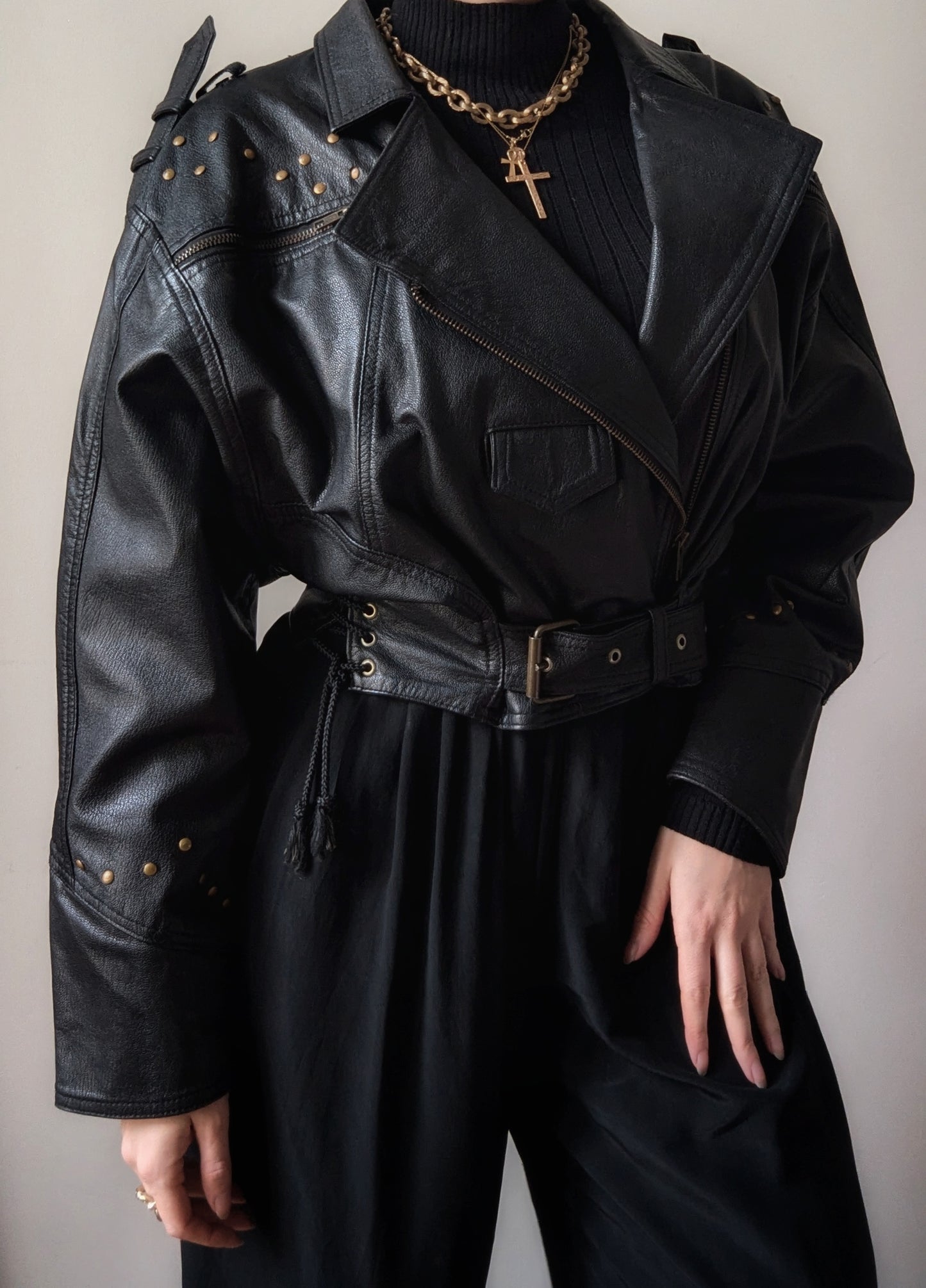 Vintage 1980 iocnic leather biker jacket with gold hardware