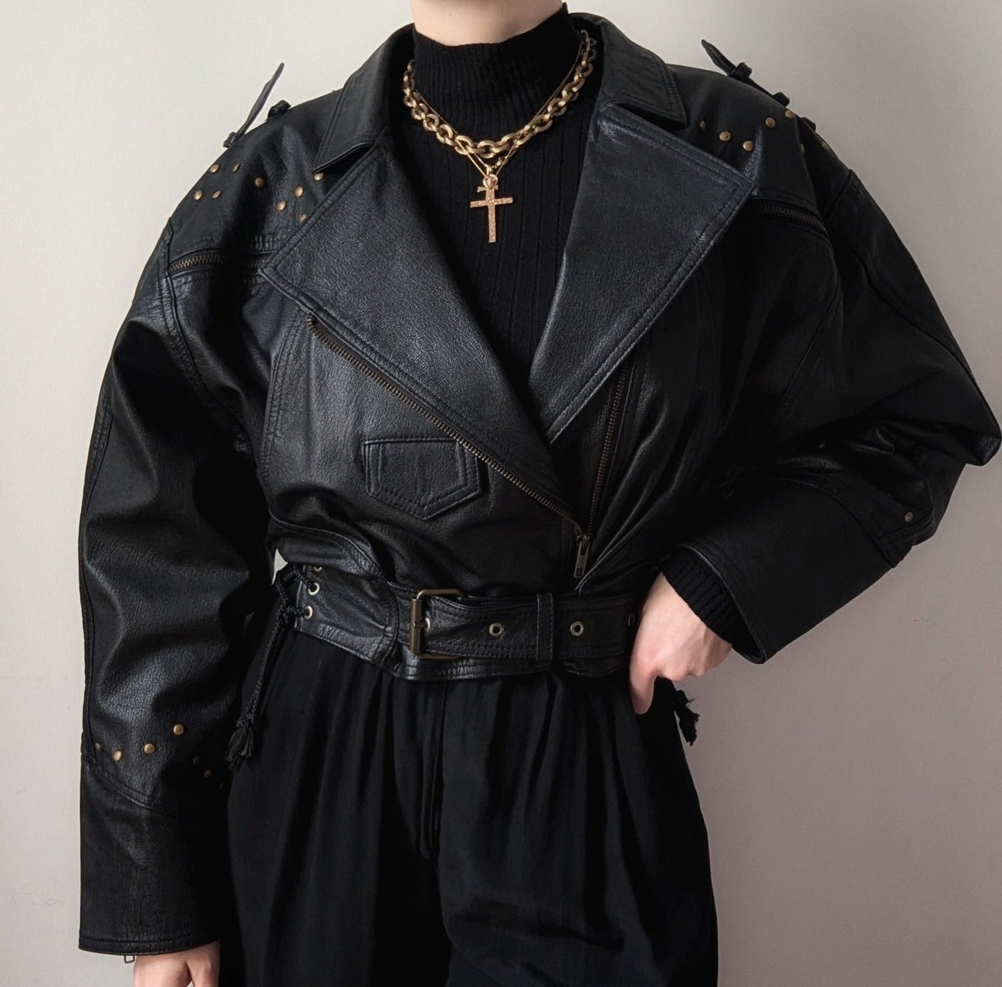 Vintage 1980 iocnic leather biker jacket with gold hardware