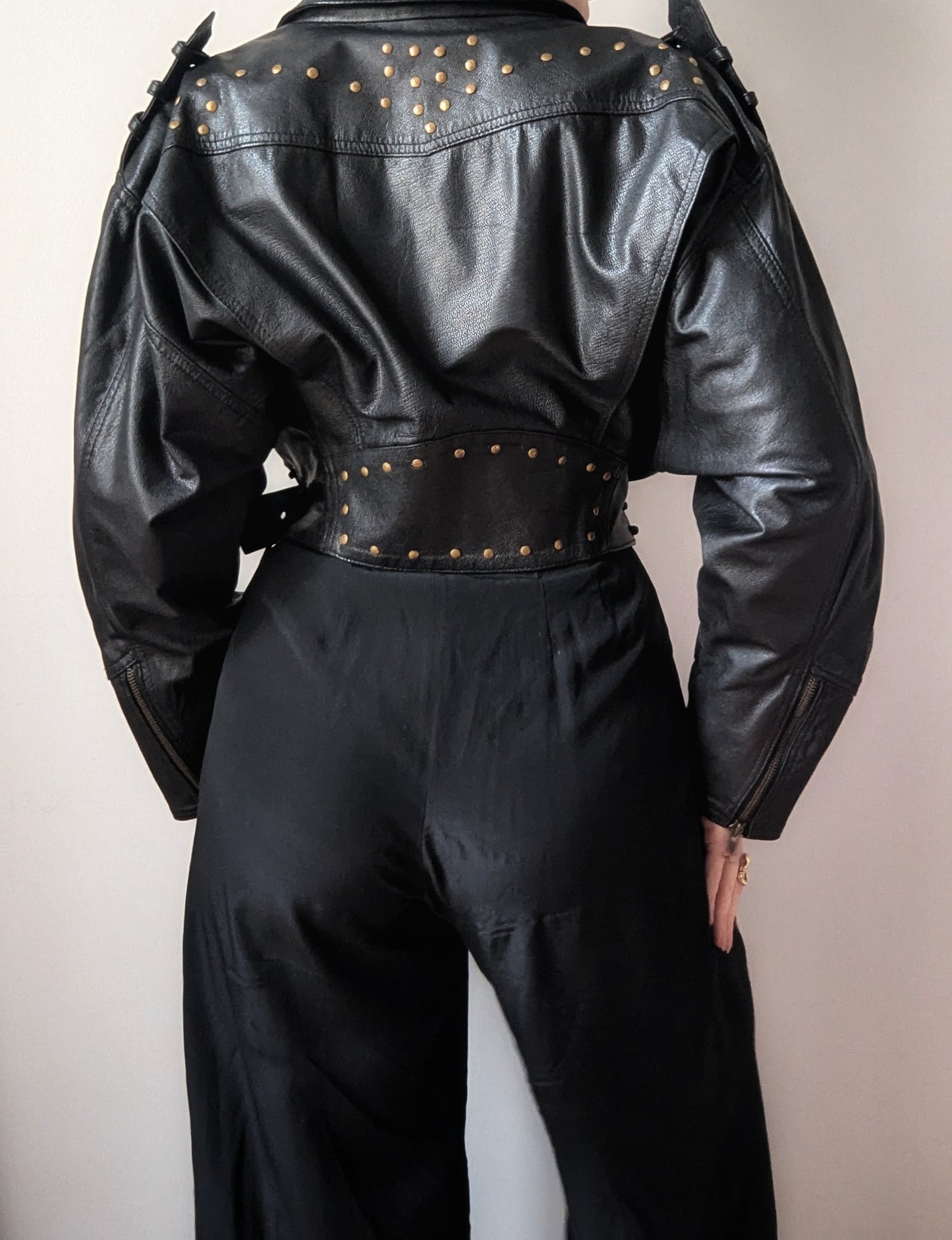 Vintage 1980 iocnic leather biker jacket with gold hardware