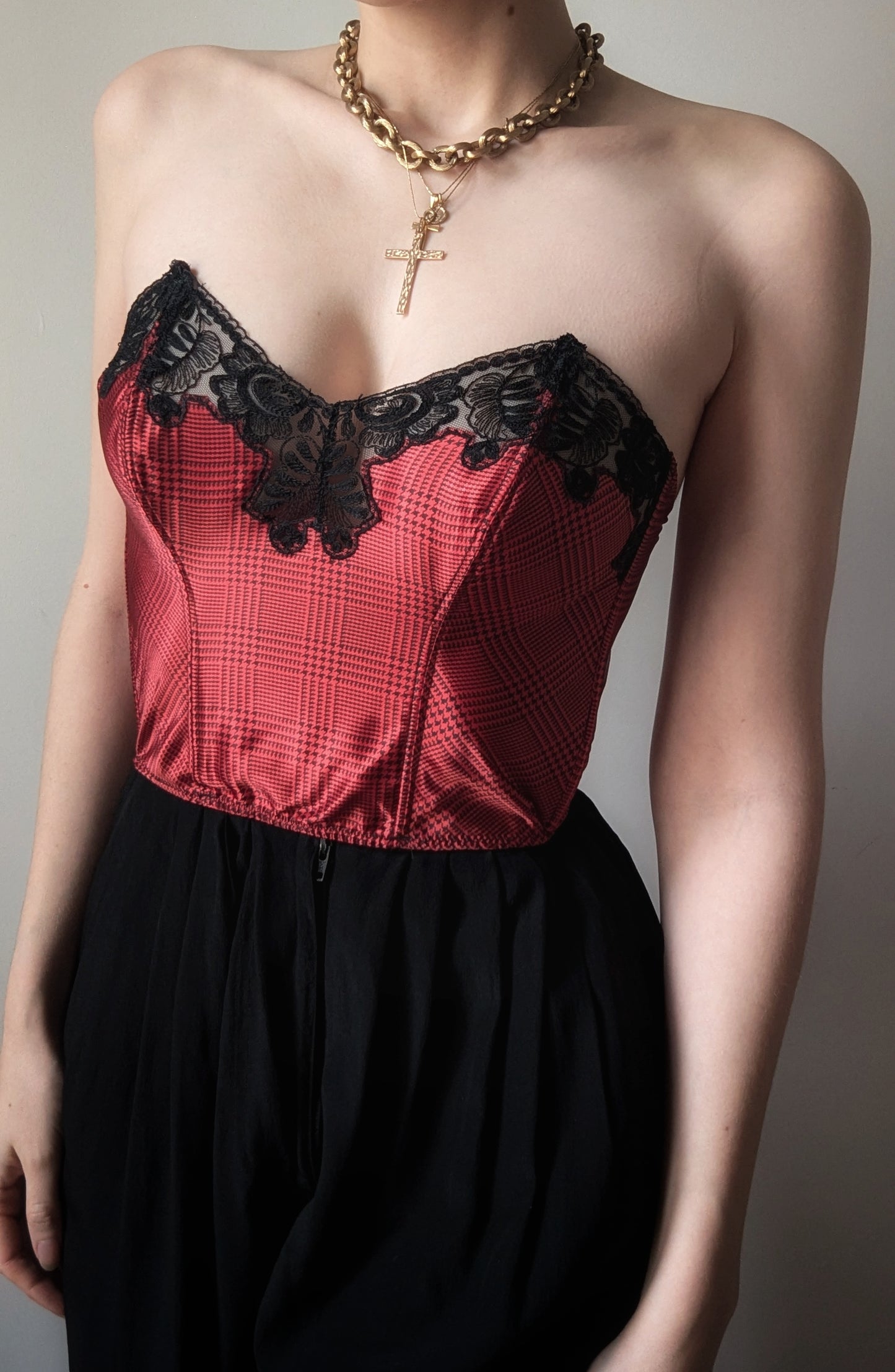 Gemma Paris deadstock houndstooth lace bustier black and red gothic M