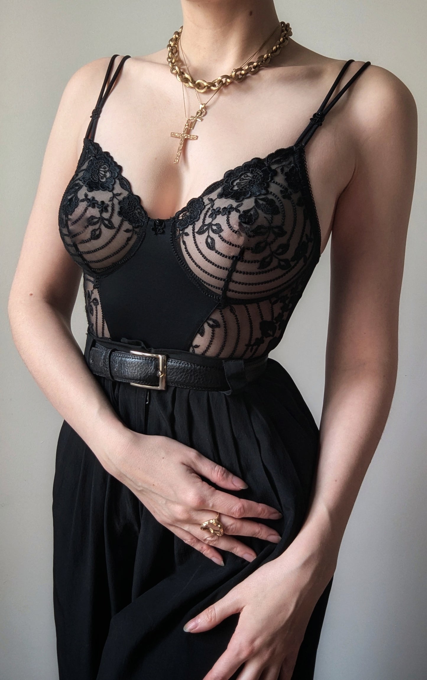 La Perla vintage 1980 black sheer embroidred bodysuit