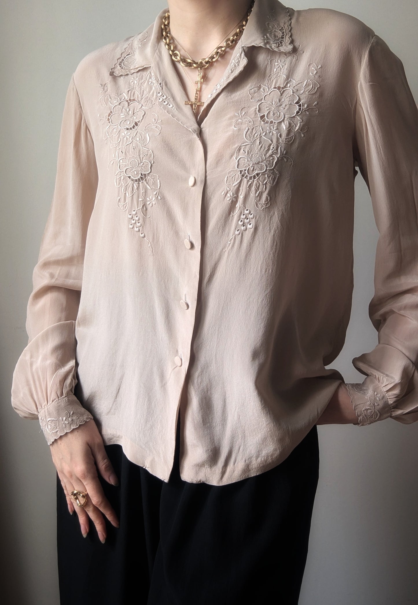 Vintage 1970s italian beige hand-embroidred silk shirt