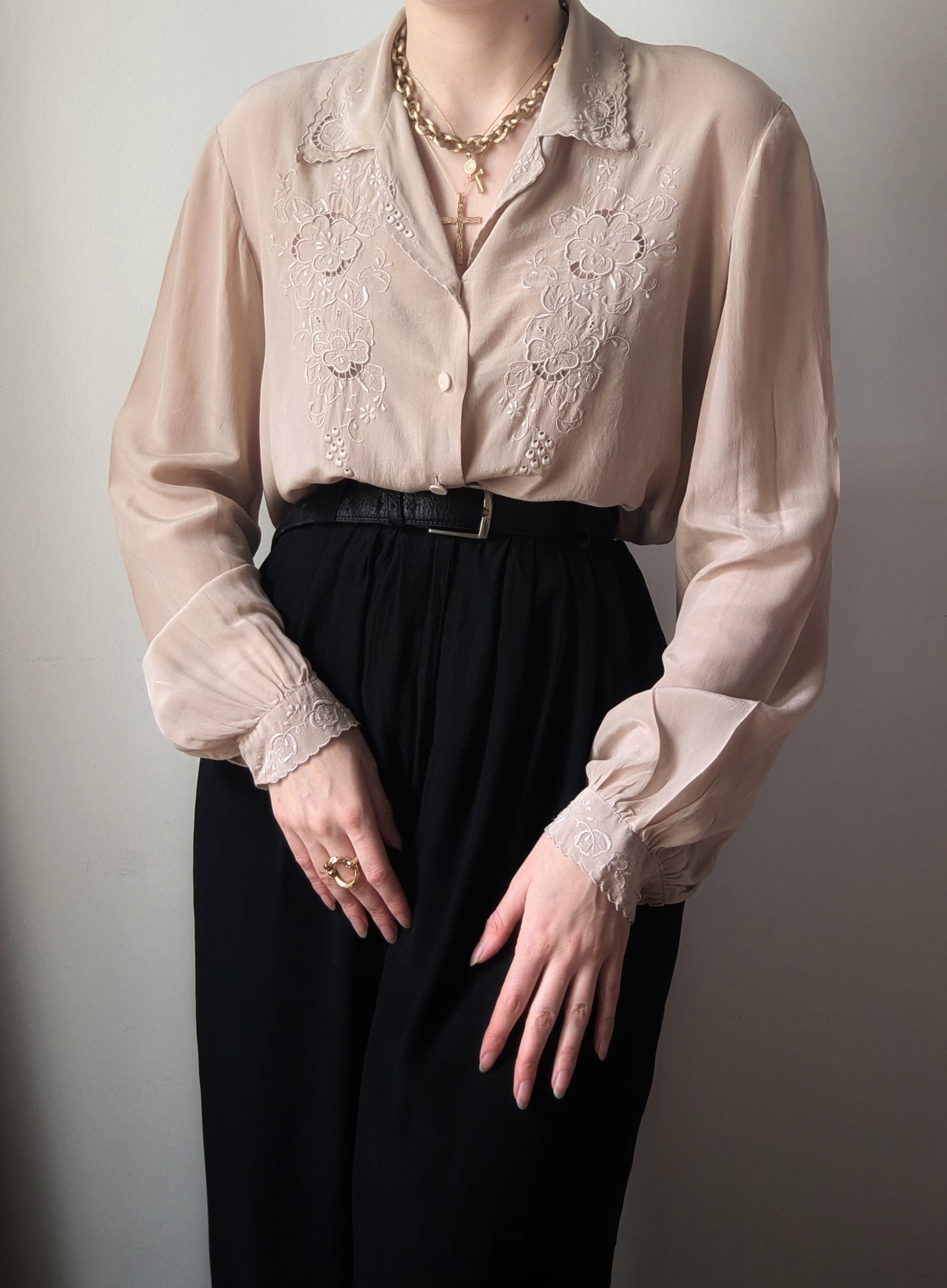 Vintage 1970s italian beige hand-embroidred silk shirt