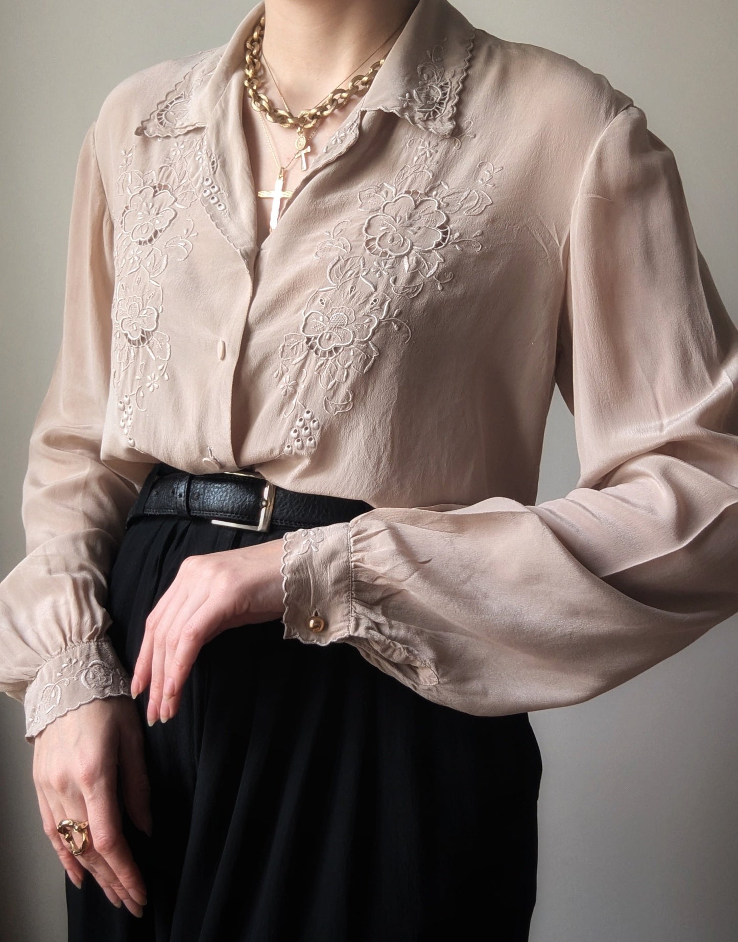 Vintage 1970s italian beige hand-embroidred silk shirt