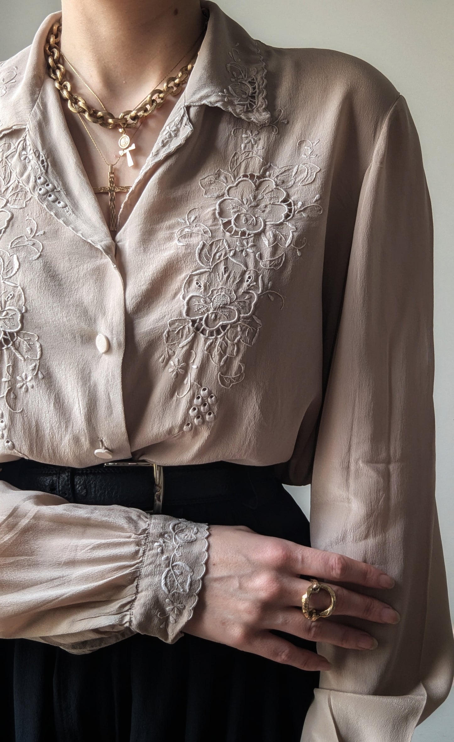 Vintage 1970s italian beige hand-embroidred silk shirt