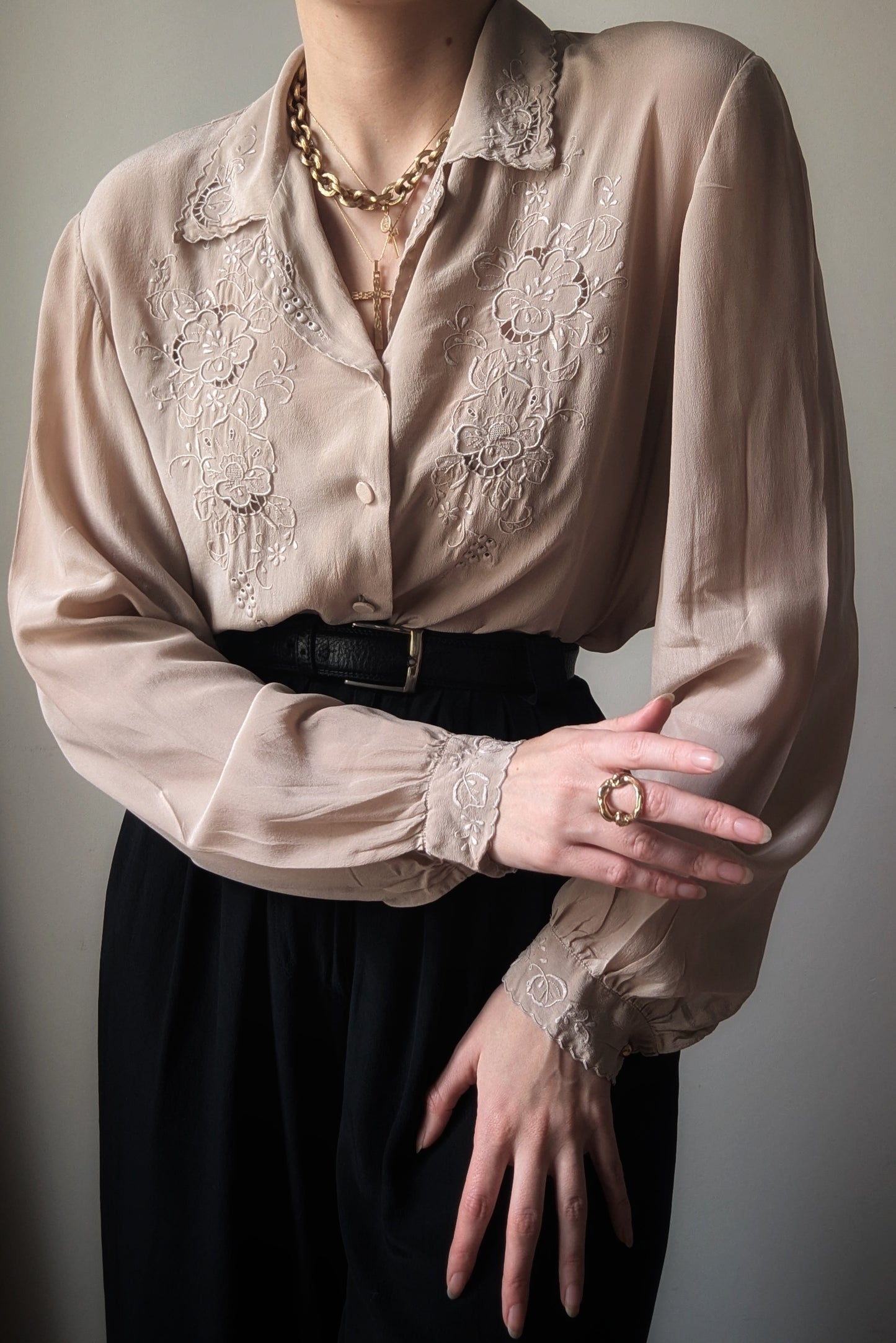 Vintage 1970s italian beige hand-embroidred silk shirt