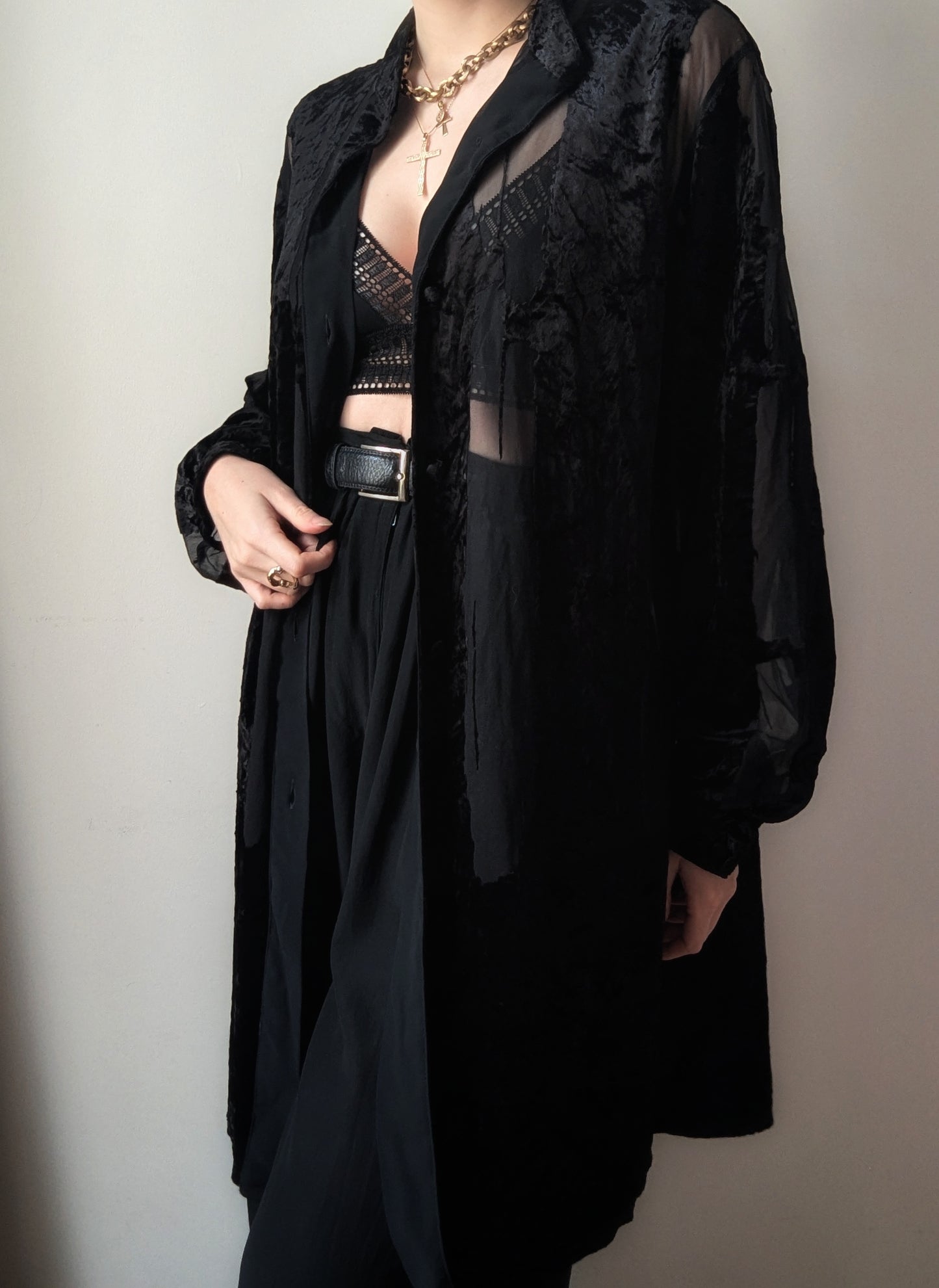 Vintage Ritmo di Perla black crushed velvet sheer shirt