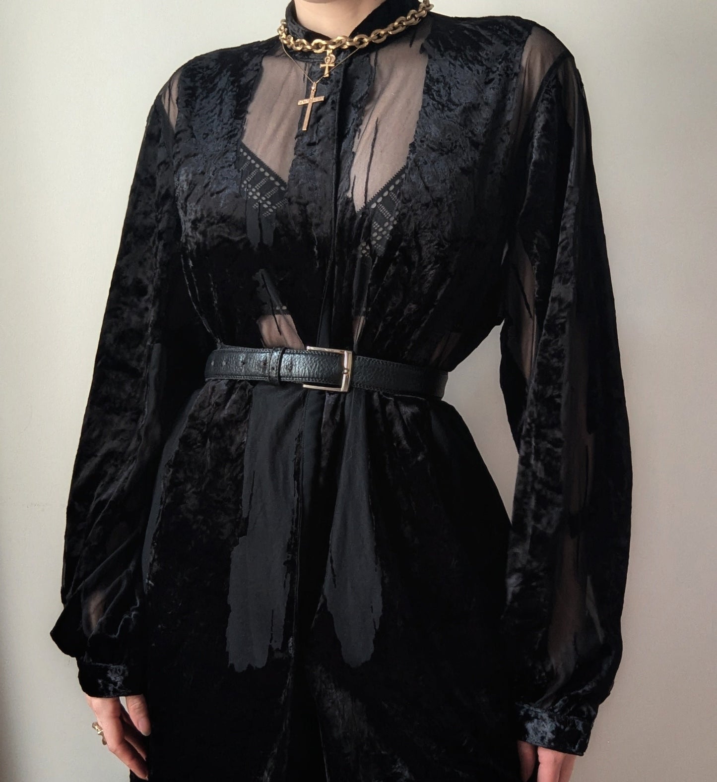 Vintage Ritmo di Perla black crushed velvet sheer shirt