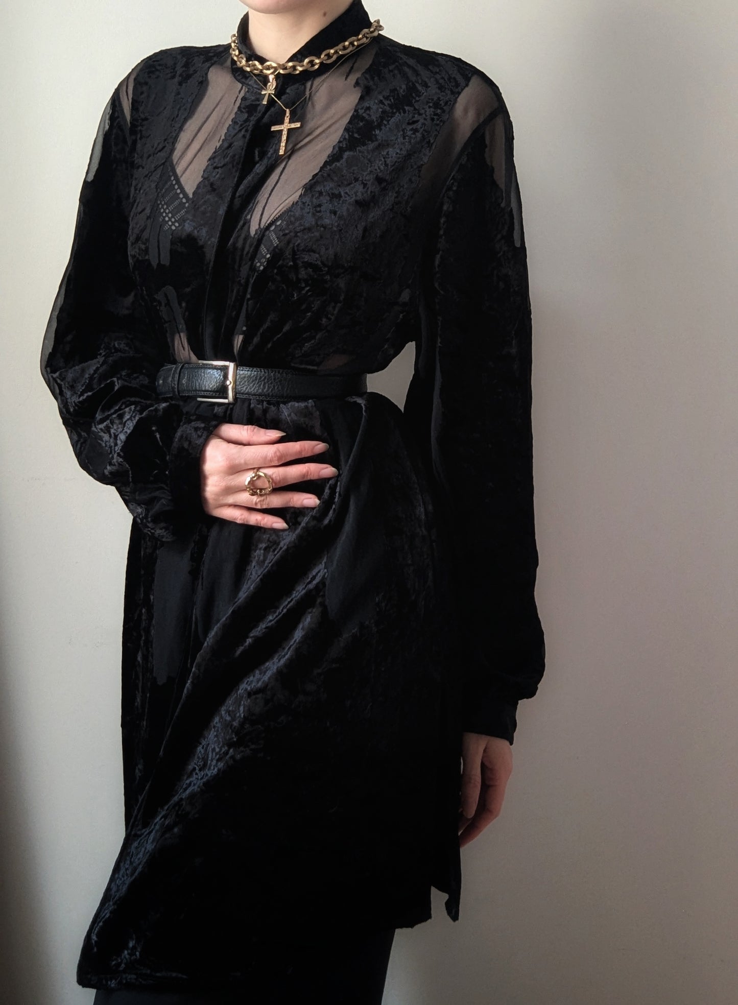 Vintage Ritmo di Perla black crushed velvet sheer shirt