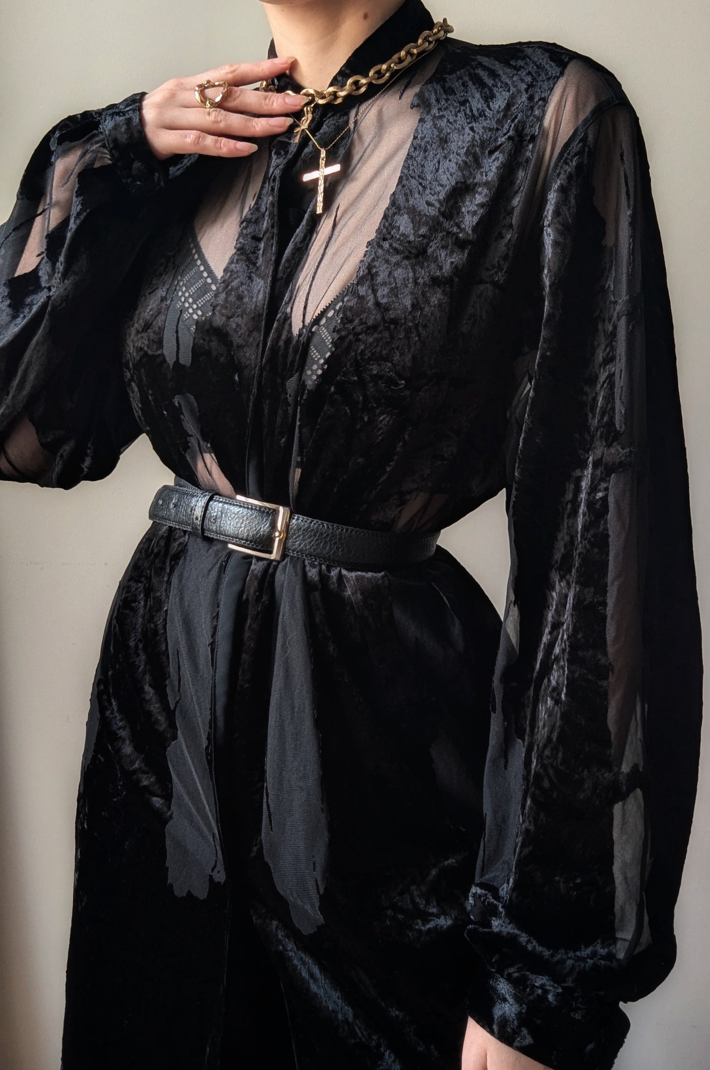 Vintage Ritmo di Perla black crushed velvet sheer shirt