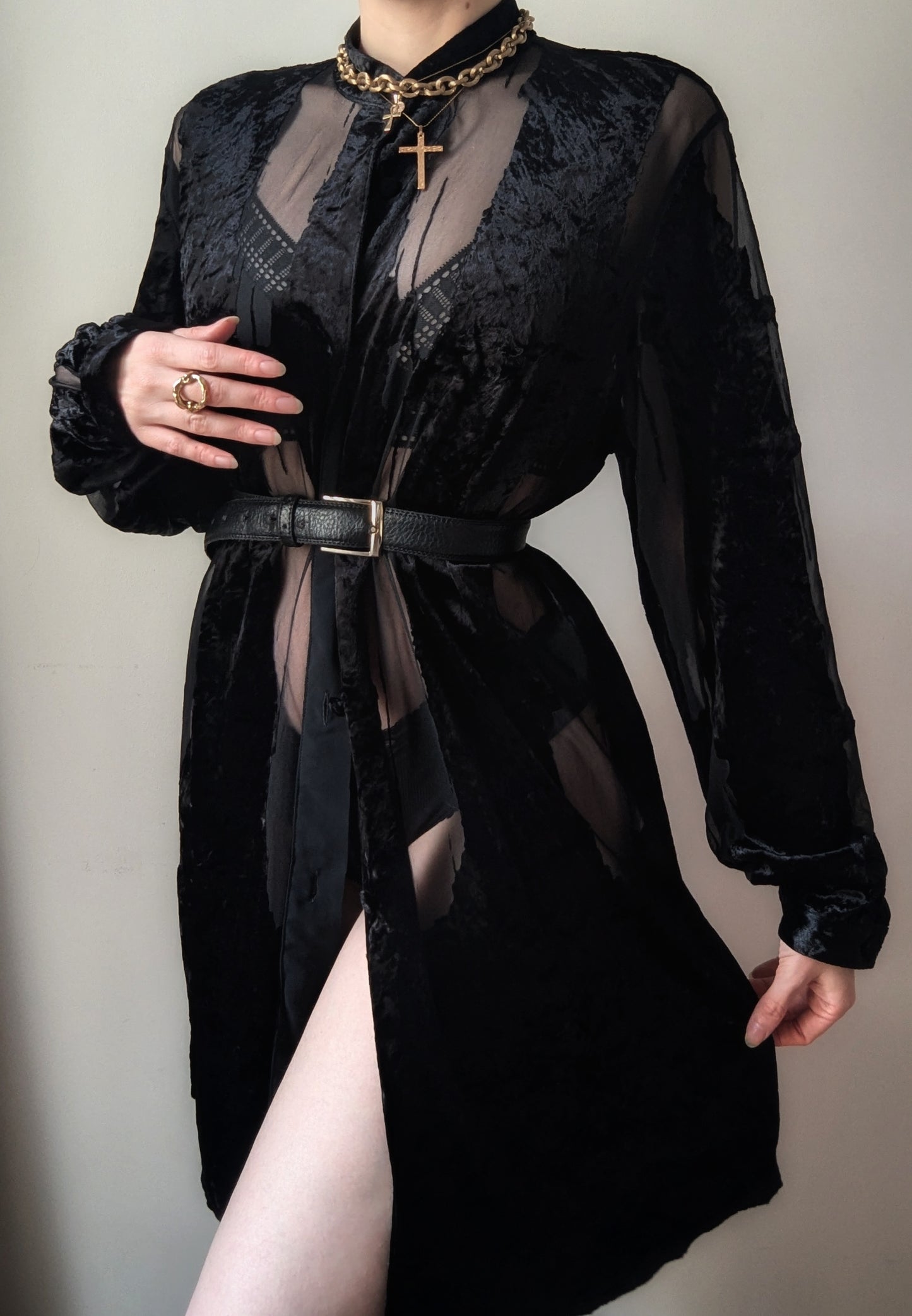 Vintage Ritmo di Perla black crushed velvet sheer shirt