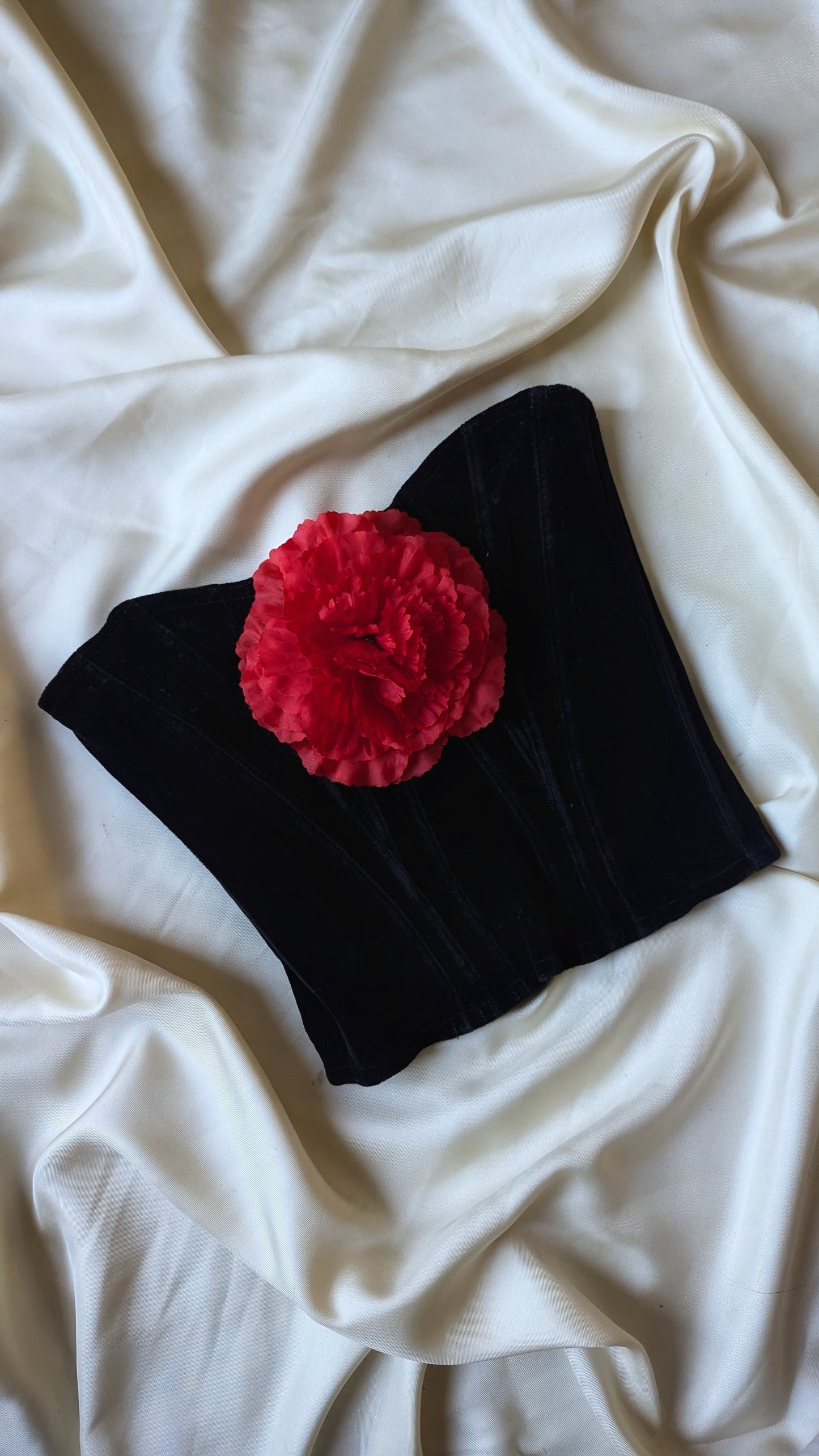 Chantal Thomass and Paloma Picasso vintage black velvet bustier with rose brooch